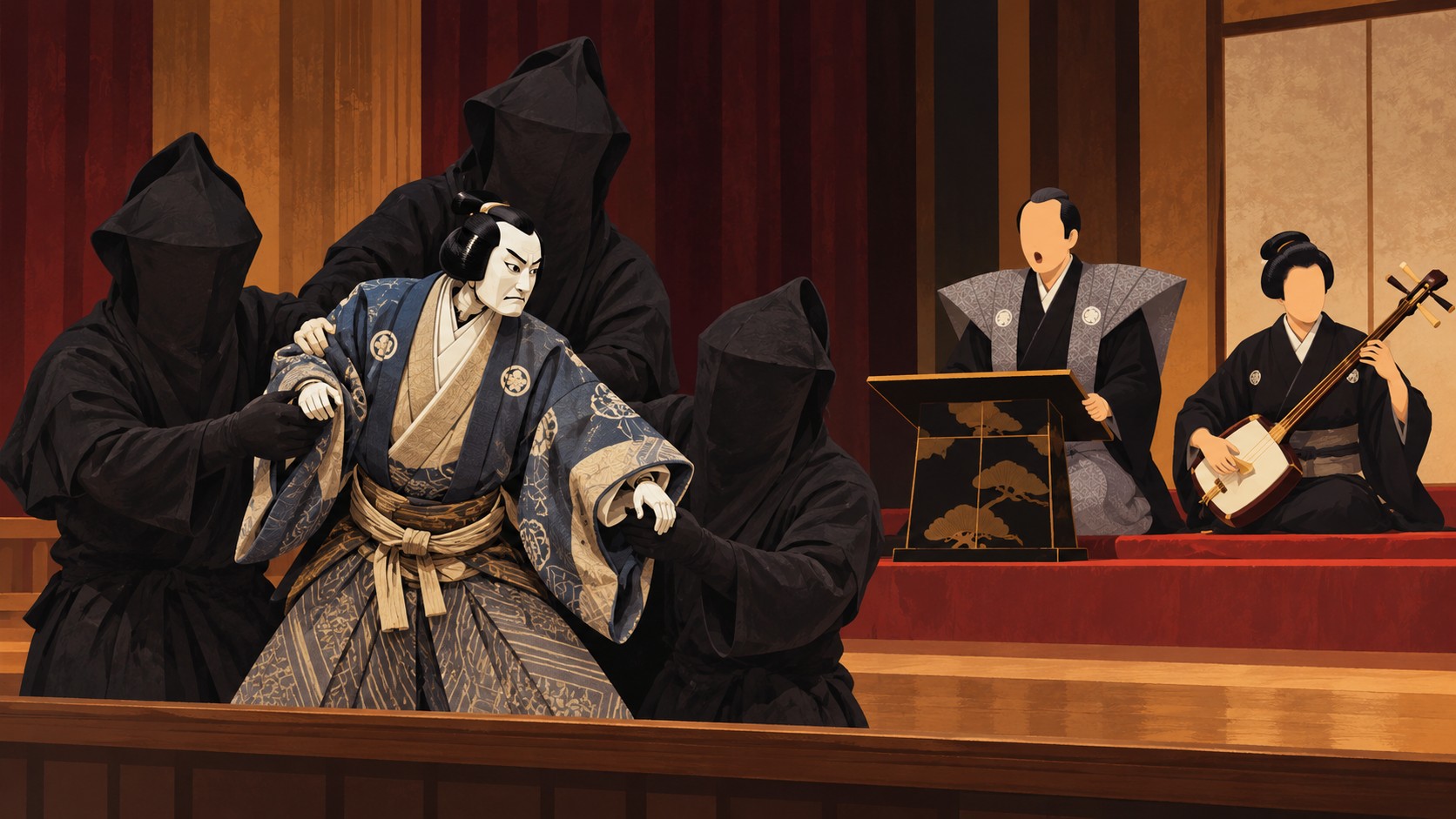 日本文樂主視覺：編輯插畫，一尊文樂人偶由三位黑衣黑頭巾的人形遣共同操作，右側是跪坐在見台後的太夫與持太棹三味線的演奏者