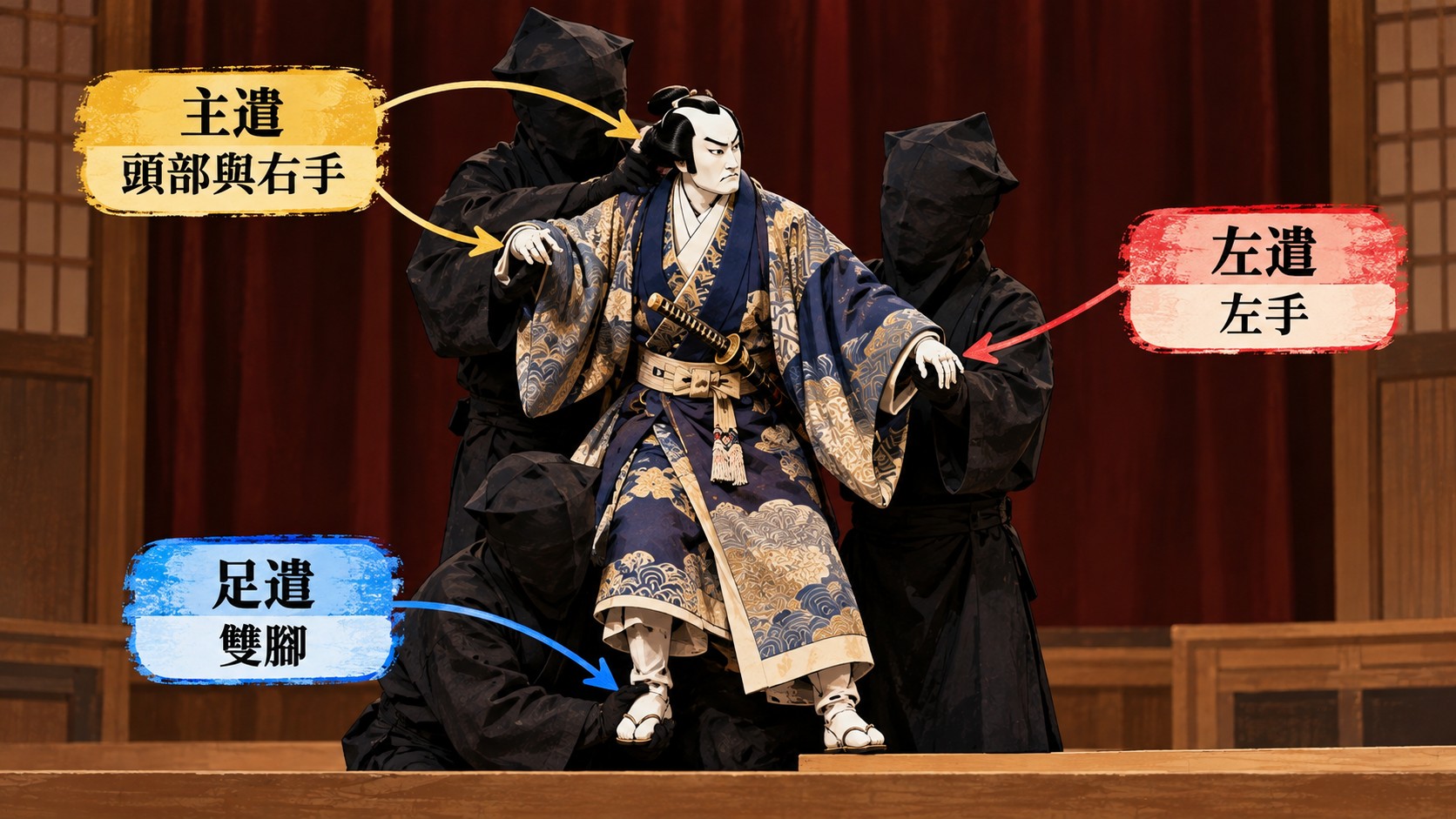 文樂三人遣分工知識卡：主遣操作頭部與右手，左遣操作左手，足遣操作雙腳，三位黑衣人形遣共同操作同一尊男性人偶