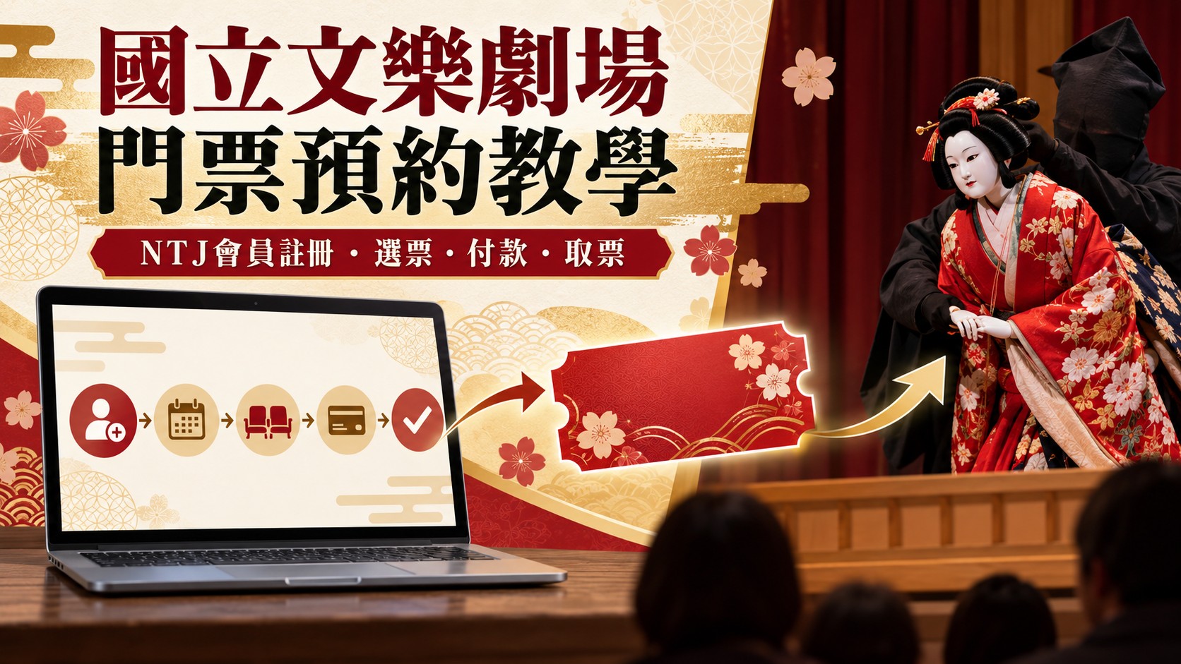 國立文樂劇場門票預約教學主視覺：左側是筆電上的註冊、選日期、選座位、付款與完成圖示，中間是一張空白紅色票券，右側是文樂人形與黑衣人形遣在舞臺上的意象