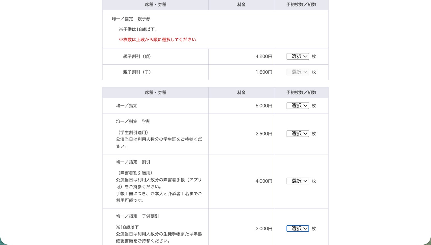 票種與張數頁：均一／指定 5,000円、学割 2,500円、割引 4,000円、子供割引 2,000円與親子割引欄位