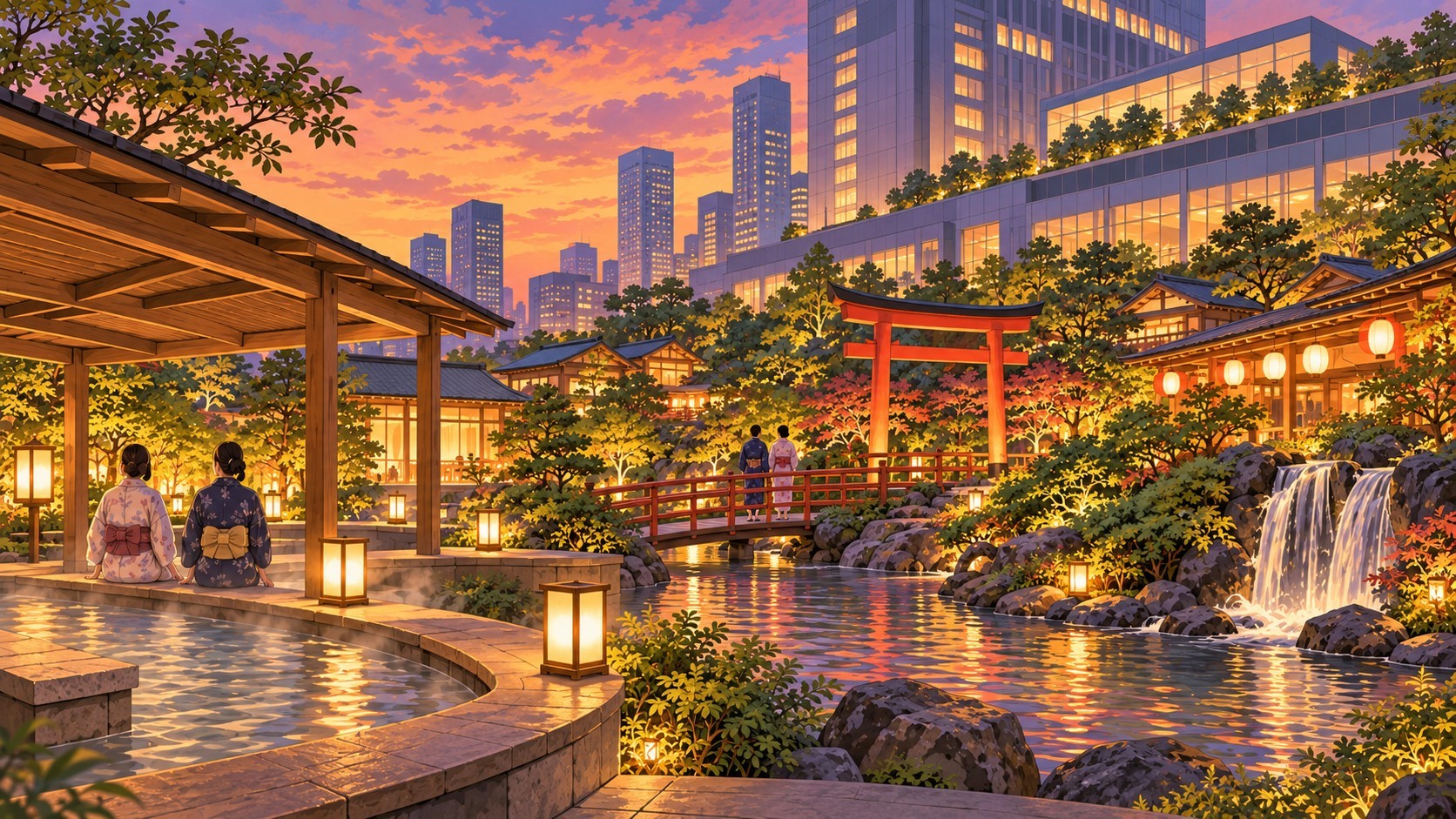 大阪空庭溫泉體驗主視覺插畫：傍晚的現代都市大樓旁是和風庭園，前景屋簷下有泡腳池與兩位穿浴衣的背影，中景有紅色鳥居與小橋，右側是瀑布與池塘