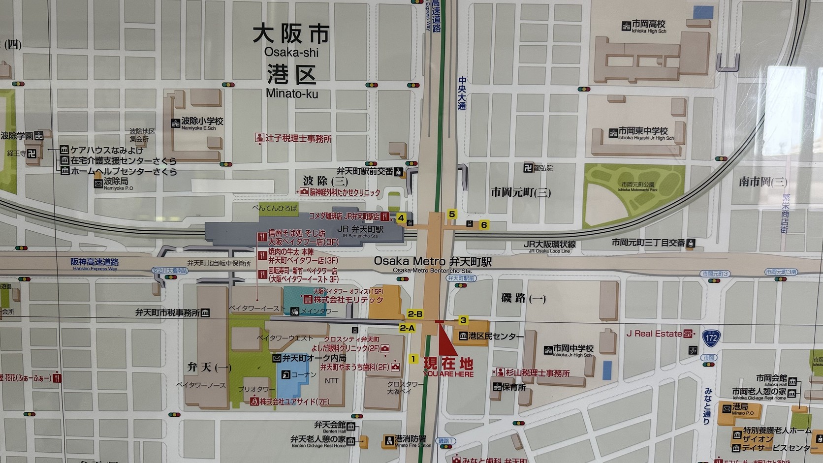 弁天町站周邊地圖，標示 Osaka Metro 弁天町站與周邊道路