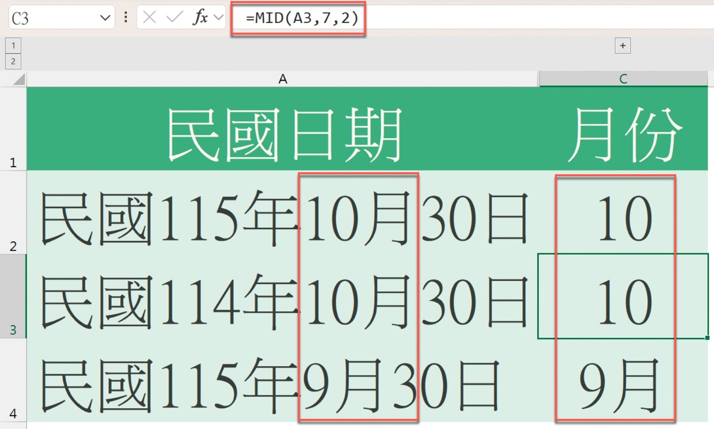 Excel 以 =MID(A3,7,2) 擷取月份，10 月得到 10，「民國115年9月30日」得到「9月」