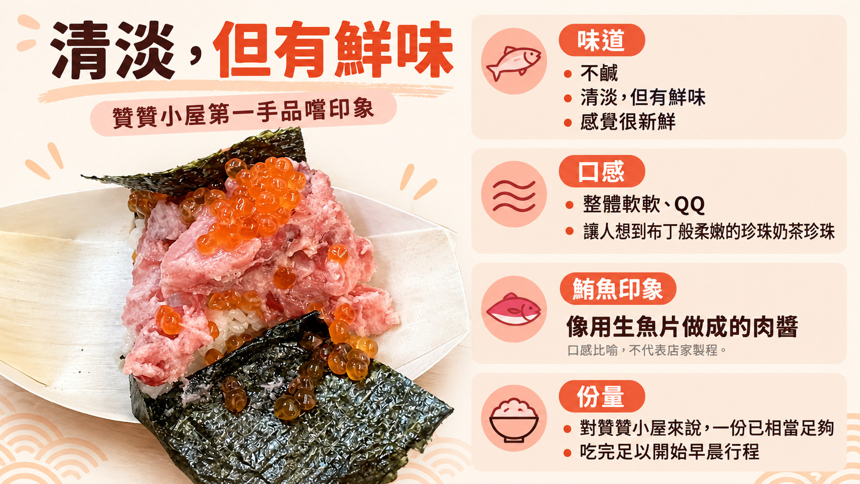 節點卡（口味整理卡）：清淡但有鮮味、整體軟軟 QQ，一份對贊贊小屋來說已足夠開始早晨行程