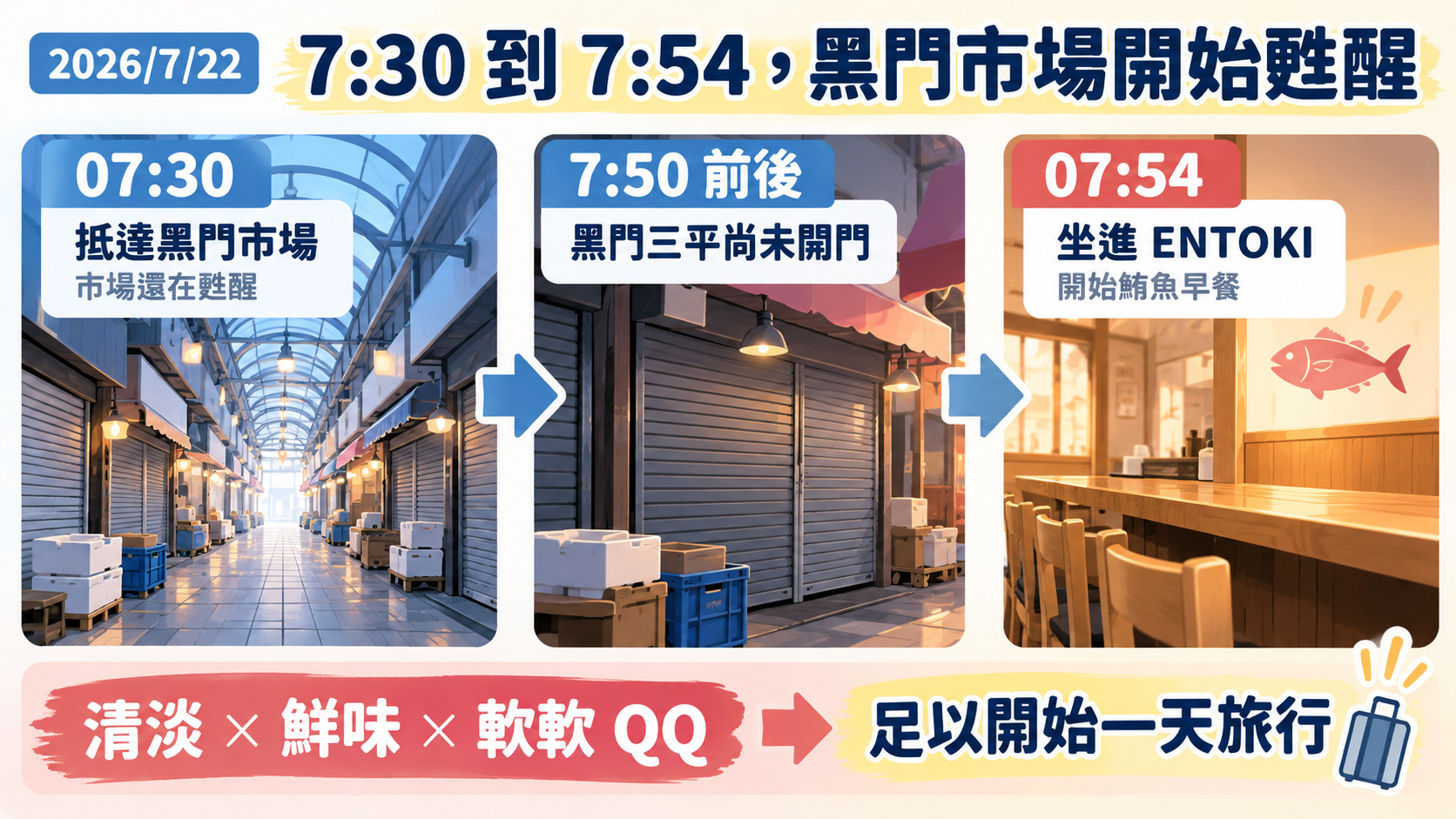 節點卡(總結卡):2026/7/22 的 7:30 抵達黑門市場、7:50 前後黑門三平尚未開門、7:54 坐進 ENTOKI,一份清淡鮮味的早餐開始一天旅行
