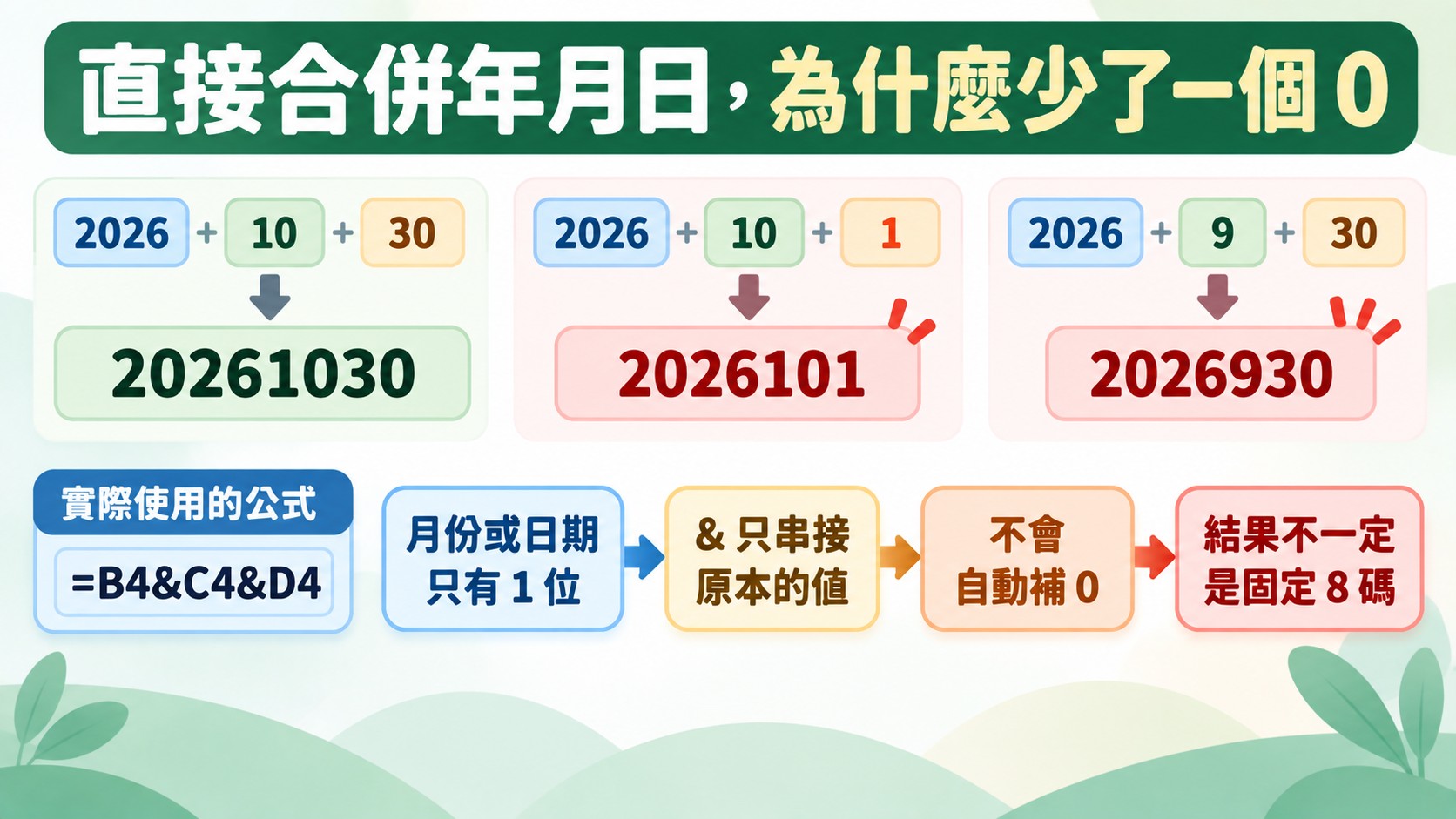 Excel 合併年月日因果卡：月份或日期只有 1 位時，&amp; 只串接原值、不會補 0，結果不一定是 8 碼