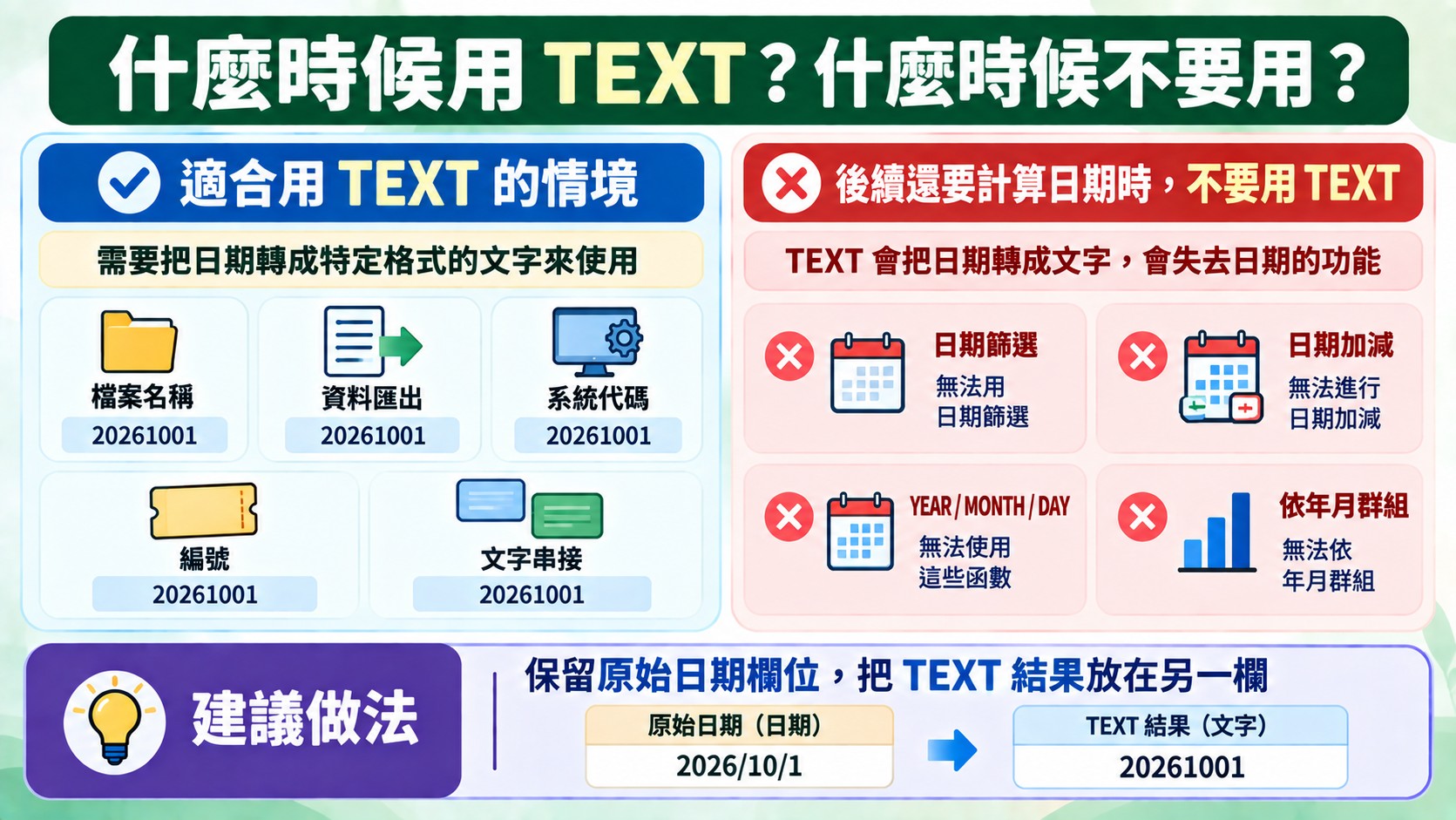 什麼時候用 TEXT 的判斷卡：檔案名稱、資料匯出、系統代碼、編號、文字串接適合，後續還要計算日期時保留原始日期欄位