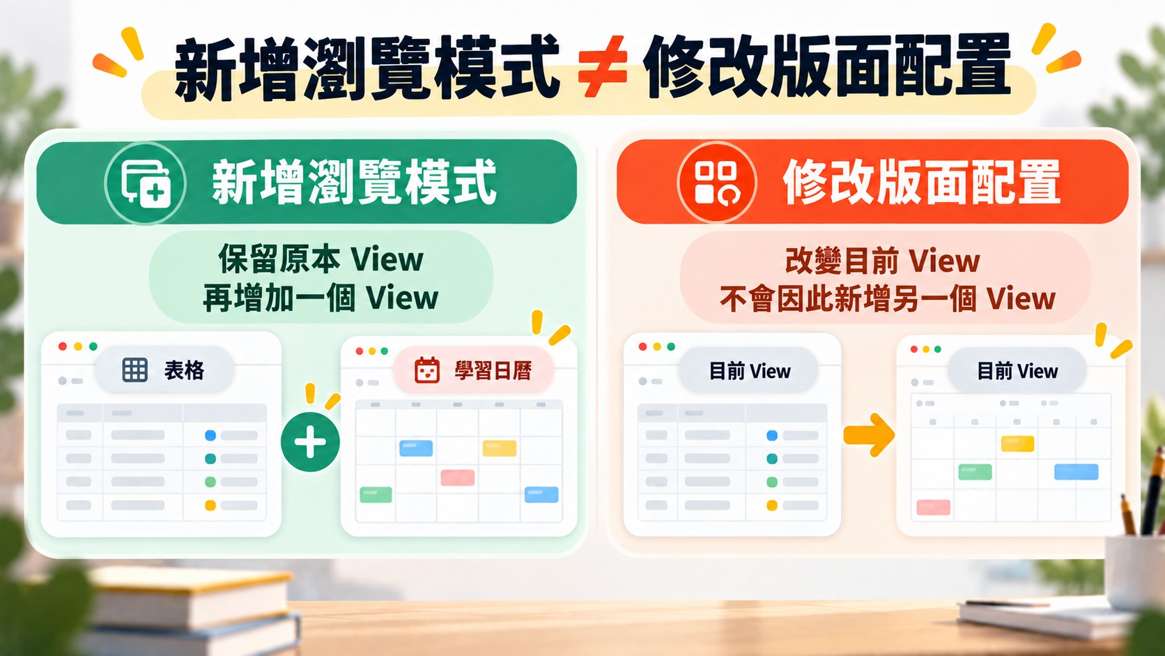 比較卡：新增瀏覽模式會保留原本 View 再增加一個，修改版面配置只是改變目前 View