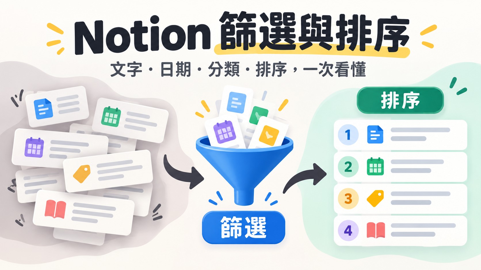 Notion 篩選與排序主視覺：凌亂的資料經過漏斗篩選，再排成整齊的 1 到 4 順序清單