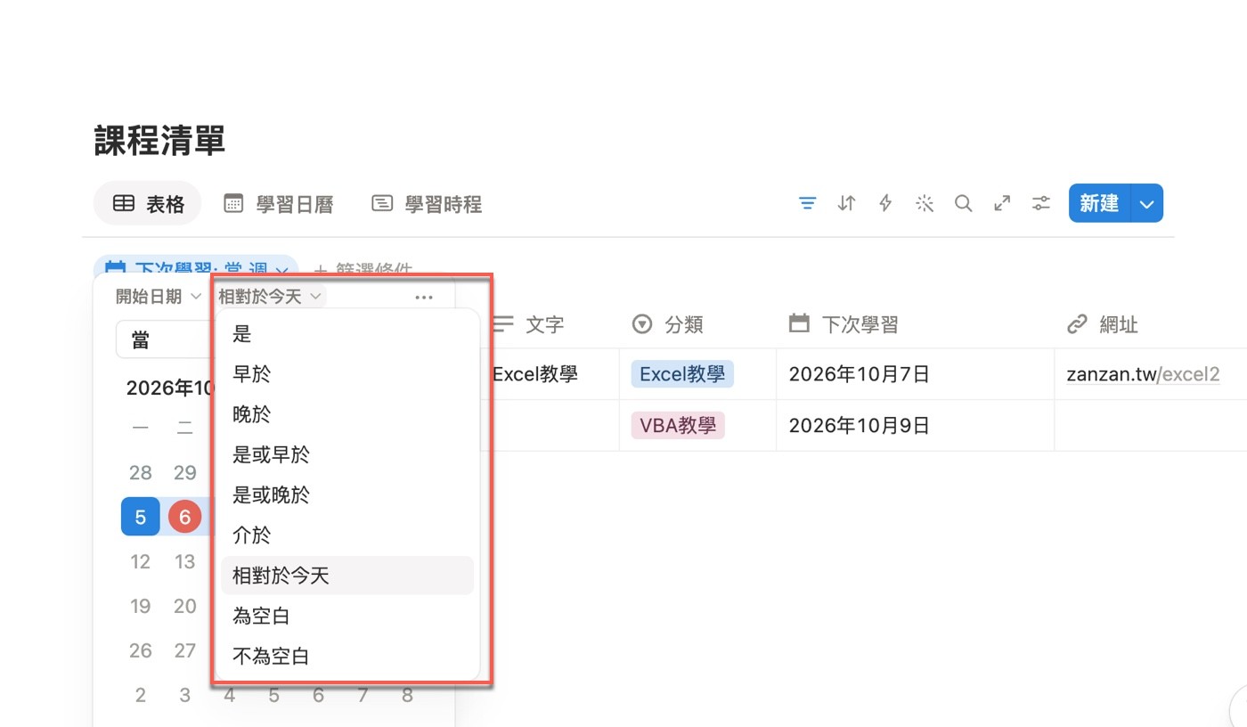 日期條件下拉選單列出「是」「早於」「晚於」「是或早於」「是或晚於」「介於」「相對於今天」「為空白」「不為空白」九種條件