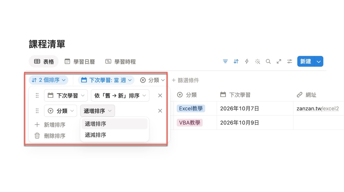 兩層排序：第一層「下次學習」依「舊 → 新」排序，第二層「分類」遞增排序，工具列標籤顯示「2 個排序」