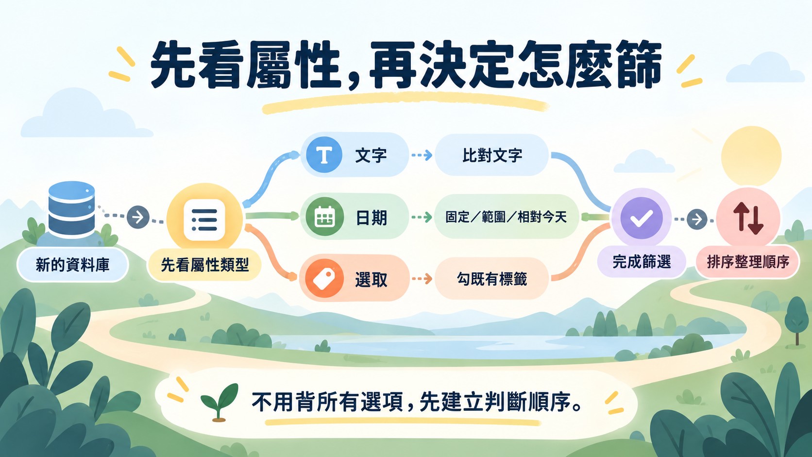 總結卡:面對新的資料庫,先看屬性類型,文字比對文字、日期看固定、範圍或相對今天、選取勾既有標籤,完成篩選後再用排序整理順序