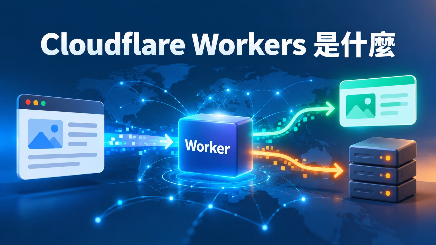 Cloudflare Workers 是什麼特色圖：網站請求經過中間標示 Worker 的運算節點，再分成回應內容與轉發到其他來源兩條路徑