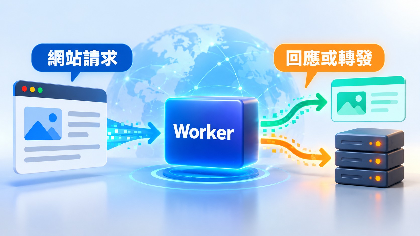 知識卡：Cloudflare Workers 在全球網路上執行程式，網站請求經過 Worker 後，可以產生回應或轉發給其他來源