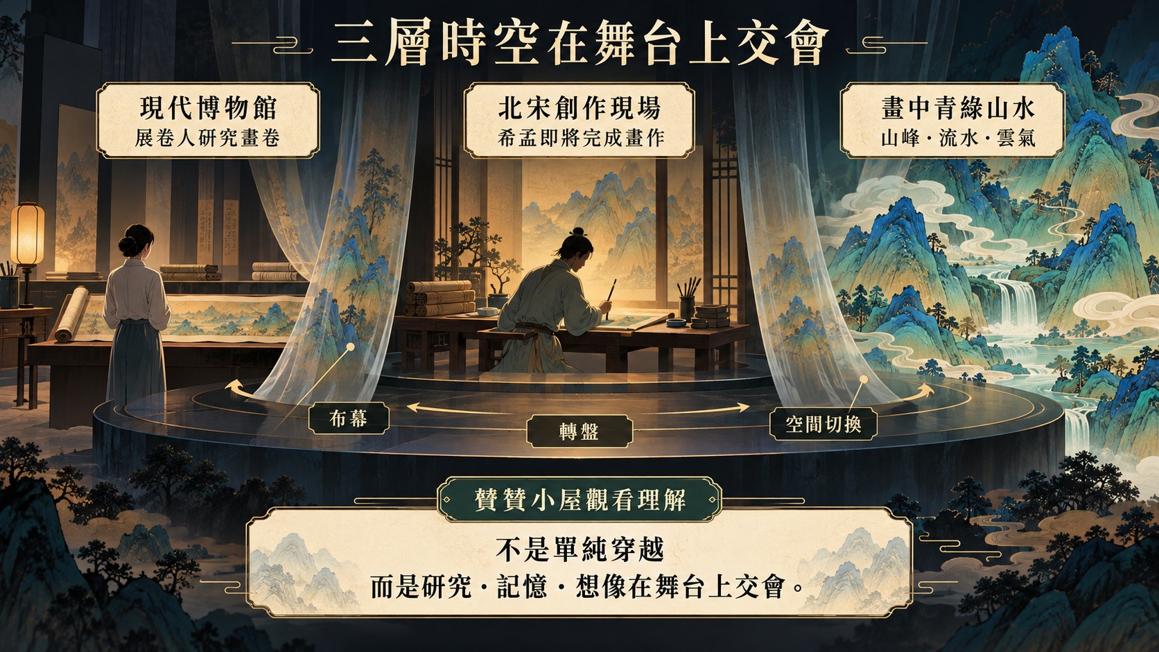 觀影整理卡：現代博物館、北宋創作現場與畫中青綠山水三層空間，由轉盤、布幕與空間切換連結，並標示為贊贊小屋的觀看理解