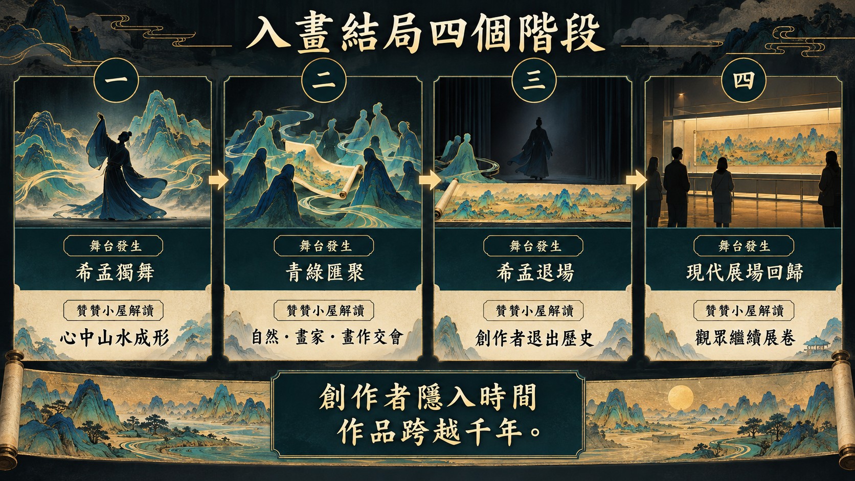 劇情流程卡：入畫結局的四個階段是希孟獨舞、青綠匯聚、希孟退場與現代展場回歸，並區分舞台發生與贊贊小屋解讀