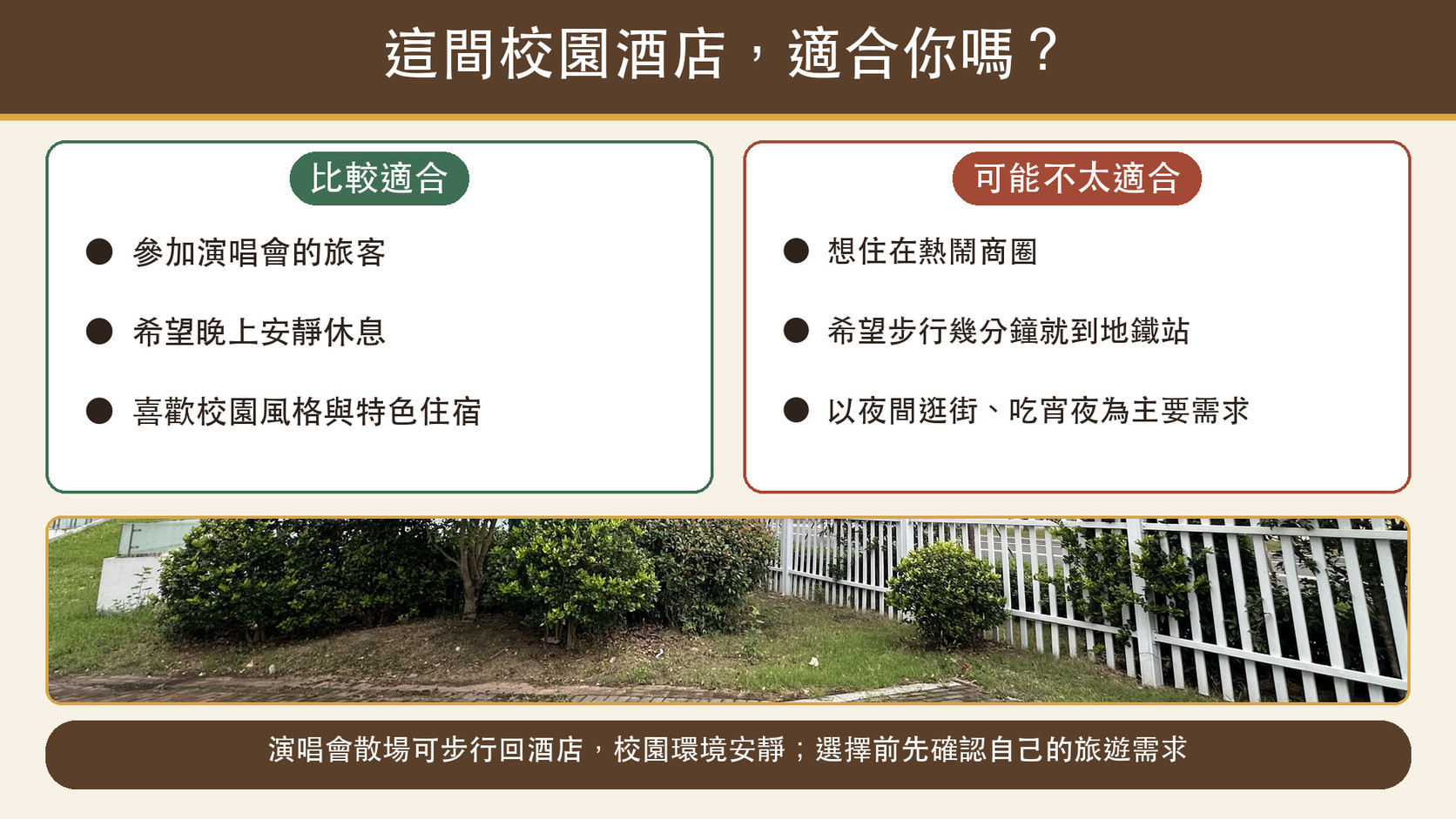 住宿選擇判斷卡:適合演唱會旅客與喜歡安靜校園環境的人,不太適合想住熱鬧商圈或仰賴地鐵的旅客