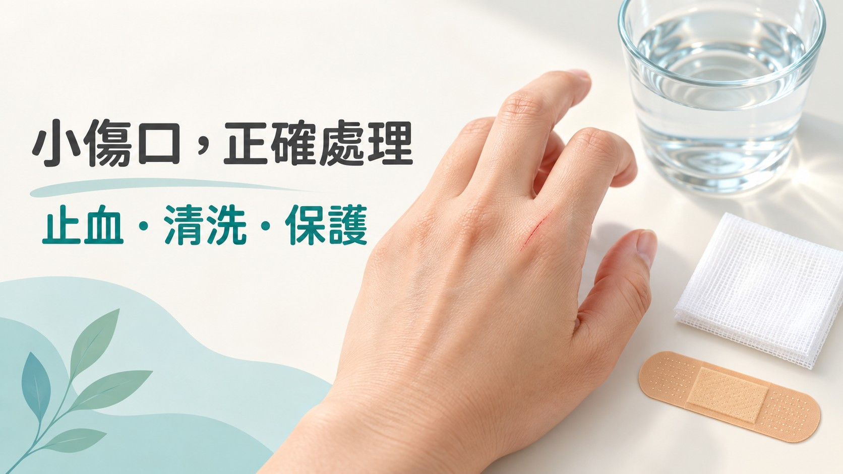 小傷口正確處理特色圖：成人手背上有一道淡紅色小割傷，旁邊放著一杯清水、乾淨紗布與一片 OK 繃，標題為「小傷口，正確處理」與「止血・清洗・保護」