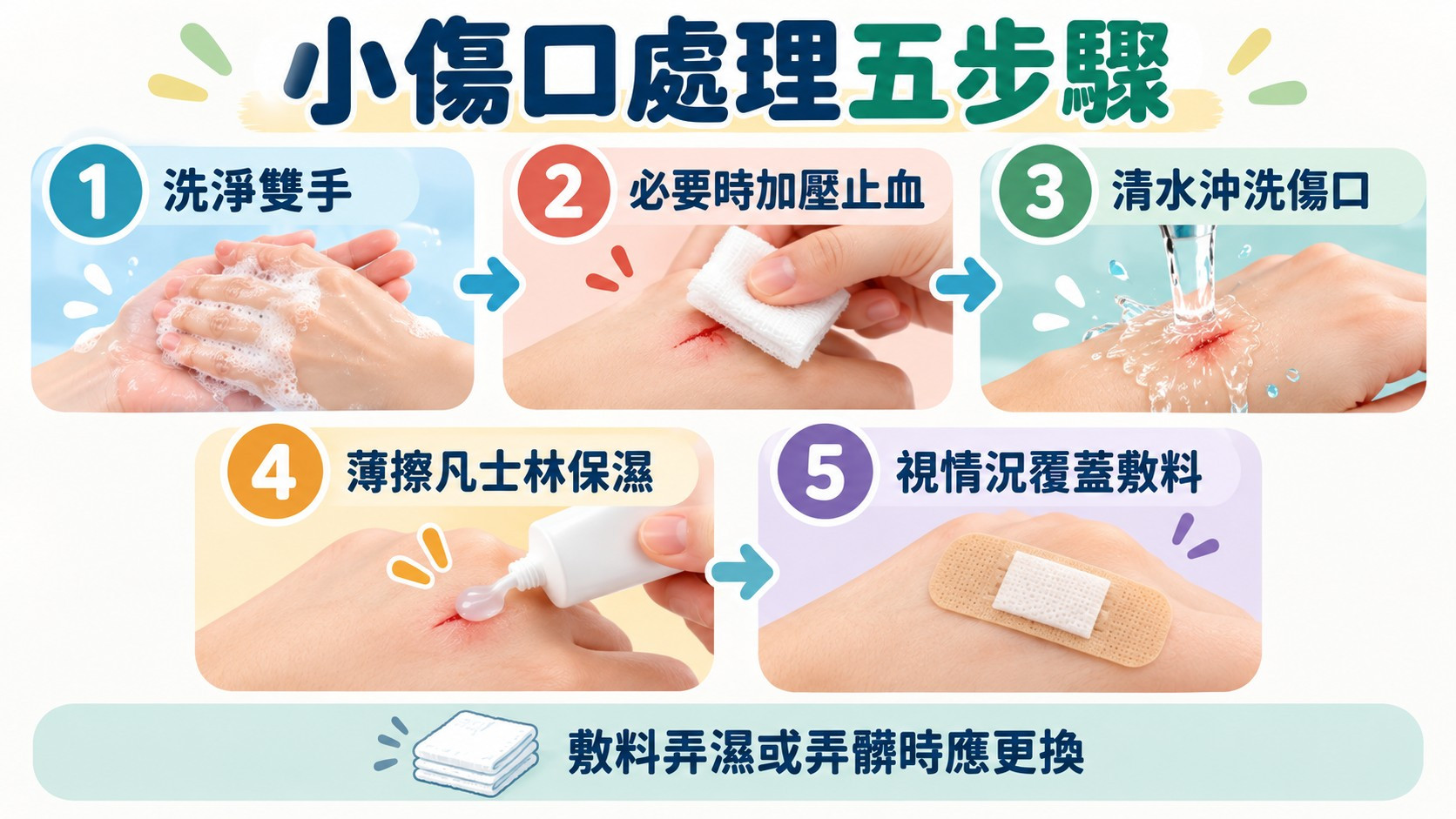 流程卡：小傷口處理五步驟，依序為洗淨雙手、必要時加壓止血、清水沖洗傷口、薄擦凡士林保濕、視情況覆蓋敷料，並提醒敷料弄濕或弄髒時應更換