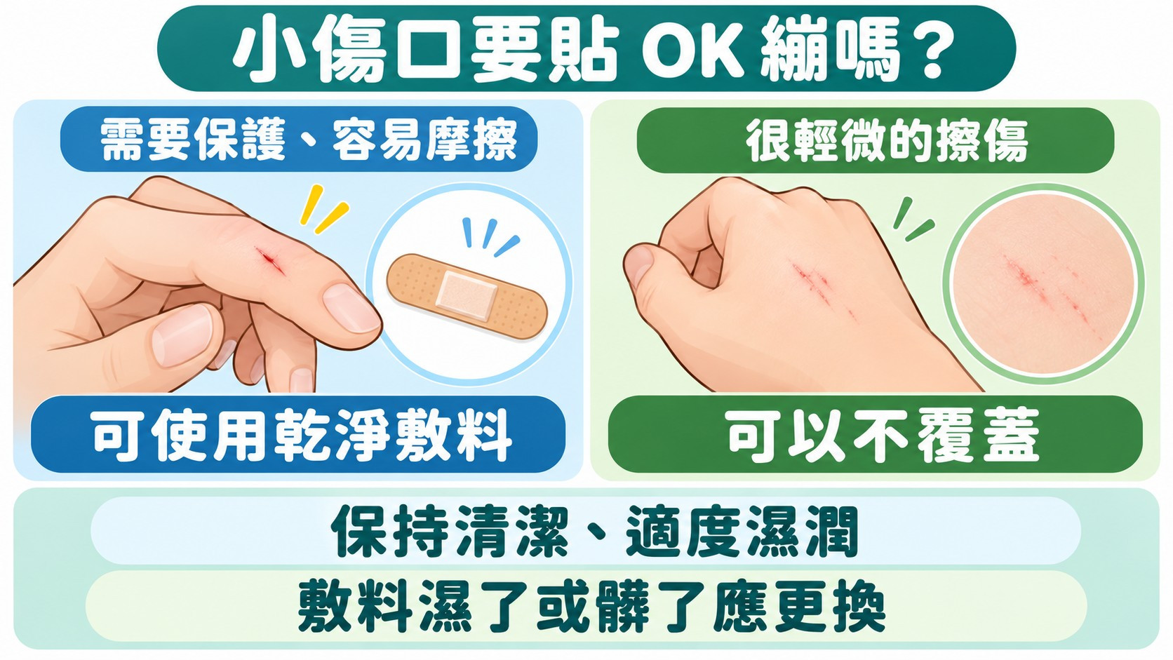 判斷卡：小傷口要貼 OK 繃嗎？需要保護、容易摩擦的小傷口可使用乾淨敷料，很輕微的擦傷可以不覆蓋，共同原則是保持清潔、適度濕潤，敷料濕了或髒了應更換