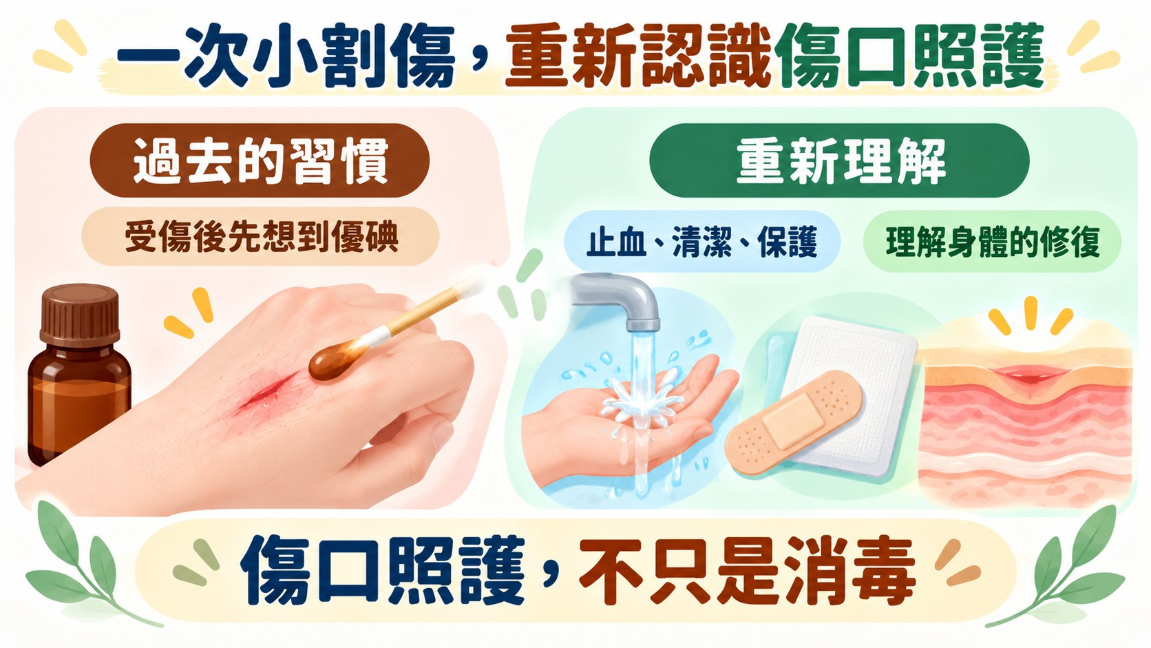 總結卡:一次小割傷,重新認識傷口照護,從過去受傷後先想到優碘,到理解止血、清潔、保護與人體修復,傷口照護不只是消毒