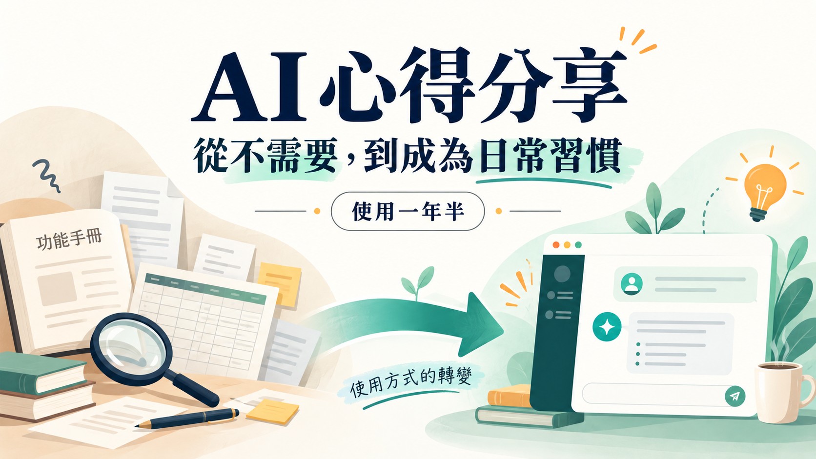 AI心得分享特色圖：左側是傳統查詢與函數手冊，右側是 AI 對話，中間以箭頭表示使用方式的轉變，標題為「從不需要，到成為日常習慣」與「使用一年半」