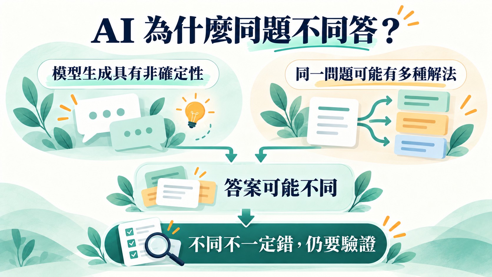 知識卡：模型生成具有非確定性與同一問題可能有多種解法，兩個來源使答案可能不同，不同不一定錯，仍要驗證