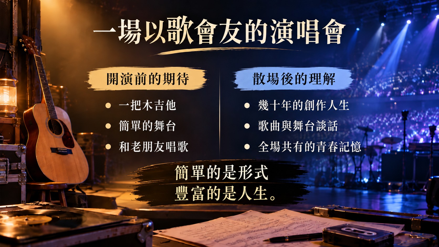 體驗整理卡：開演前期待一把木吉他、簡單的舞台與和老朋友唱歌，散場後理解的是幾十年的創作人生、歌曲與舞台談話和全場共有的青春記憶