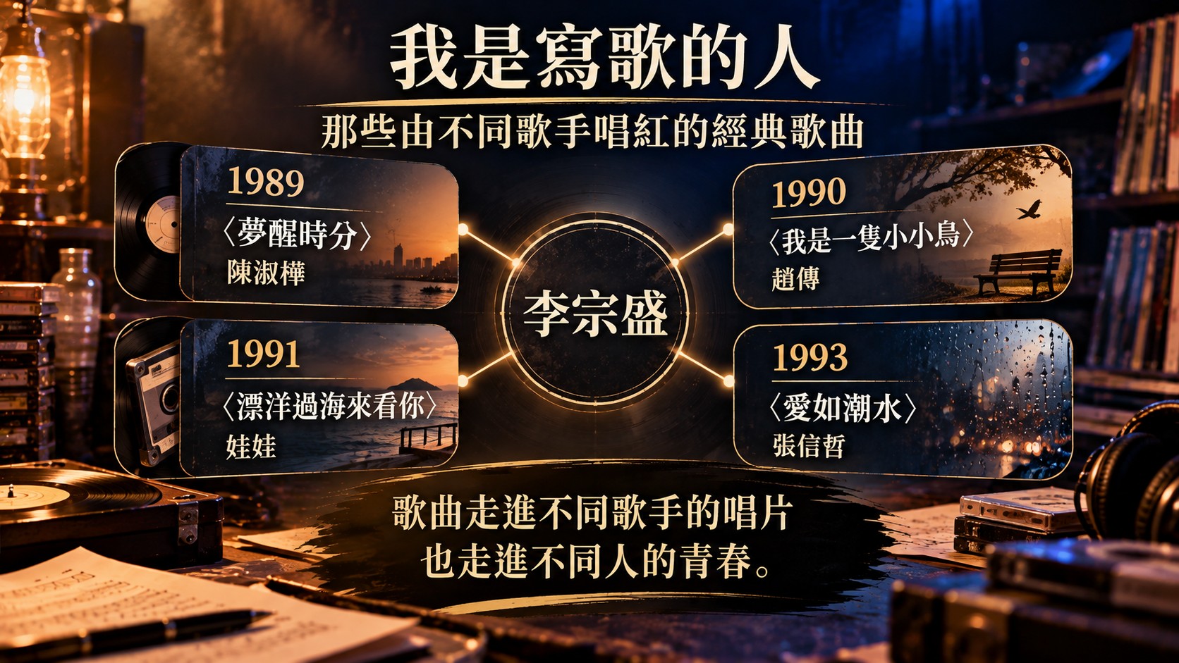 關係整理卡：李宗盛位於中央，連到1989〈夢醒時分〉陳淑樺、1990〈我是一隻小小鳥〉趙傳、1991〈漂洋過海來看你〉娃娃、1993〈愛如潮水〉張信哲