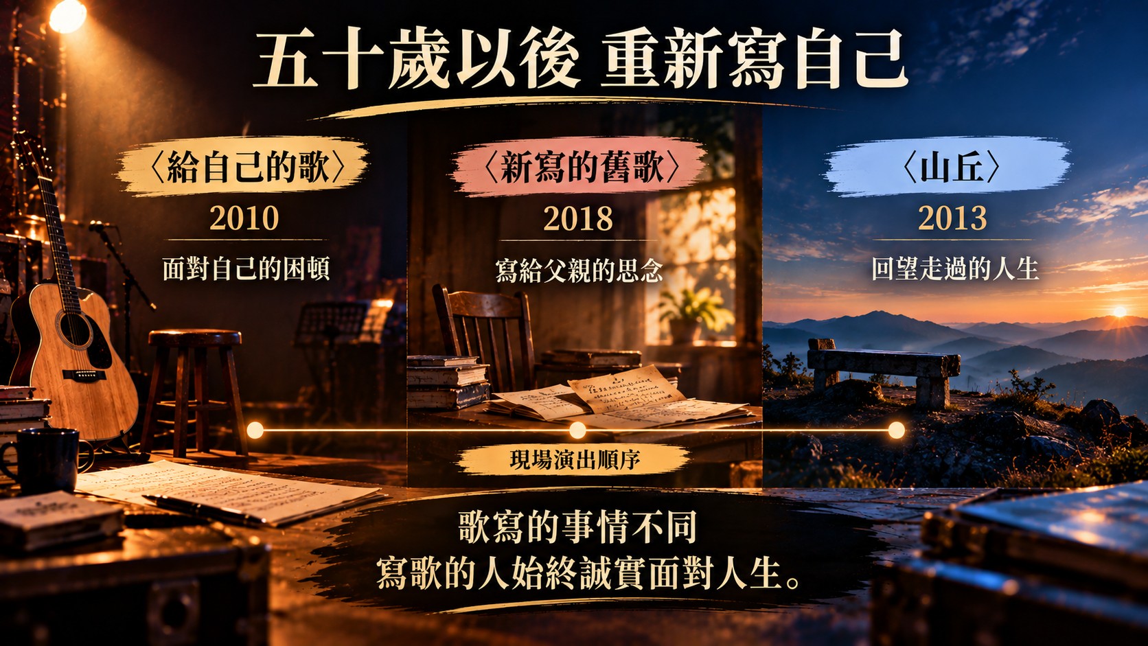 人生整理卡：依現場演出順序，〈給自己的歌〉2010年面對自己的困頓，〈新寫的舊歌〉2018年寫給父親的思念，〈山丘〉2013年回望走過的人生