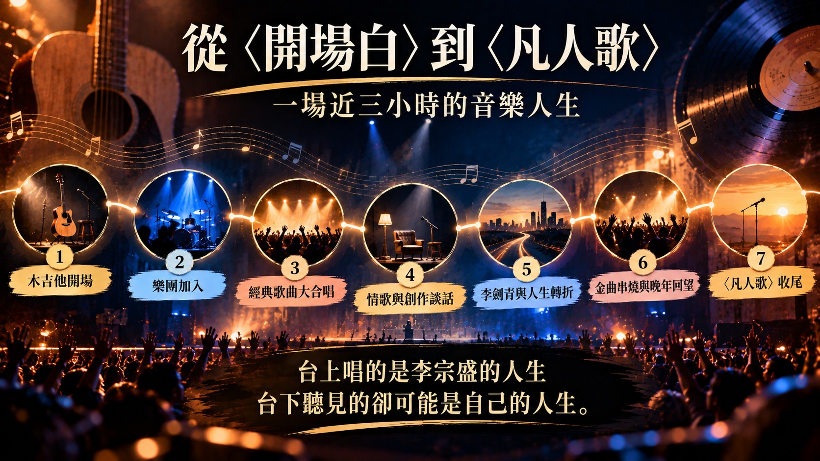 總結卡:情緒旅程由木吉他開場、樂團加入、經典歌曲大合唱、情歌與創作談話、李劍青與人生轉折、金曲串燒與晚年回望,到〈凡人歌〉收尾