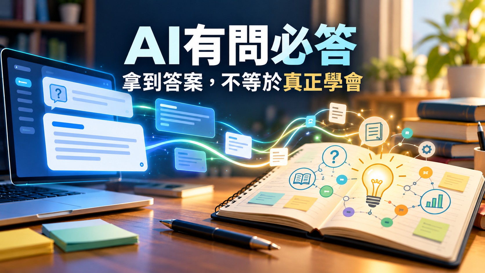 AI使用經驗分享特色圖：左側是無品牌的 AI 問答介面送出答案卡片，右側是筆記本與知識網絡，標題為「AI有問必答」與「拿到答案，不等於真正學會」