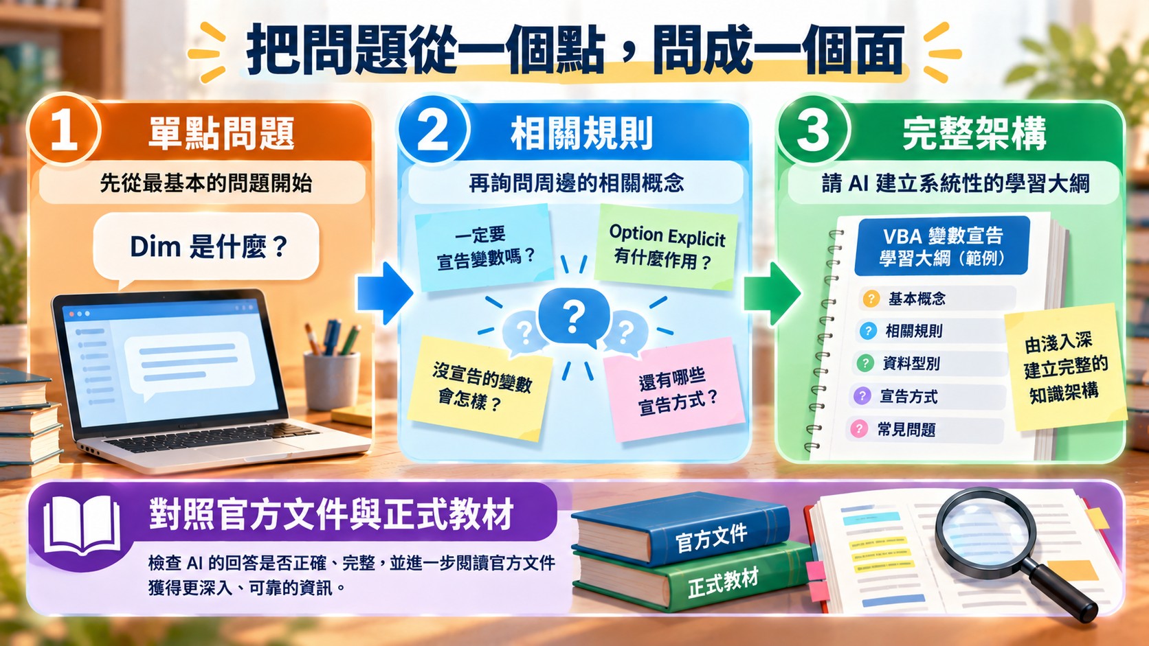 流程卡：把問題從一個點問成一個面，由單點問題、相關規則到完整架構三階段，最後對照官方文件與正式教材