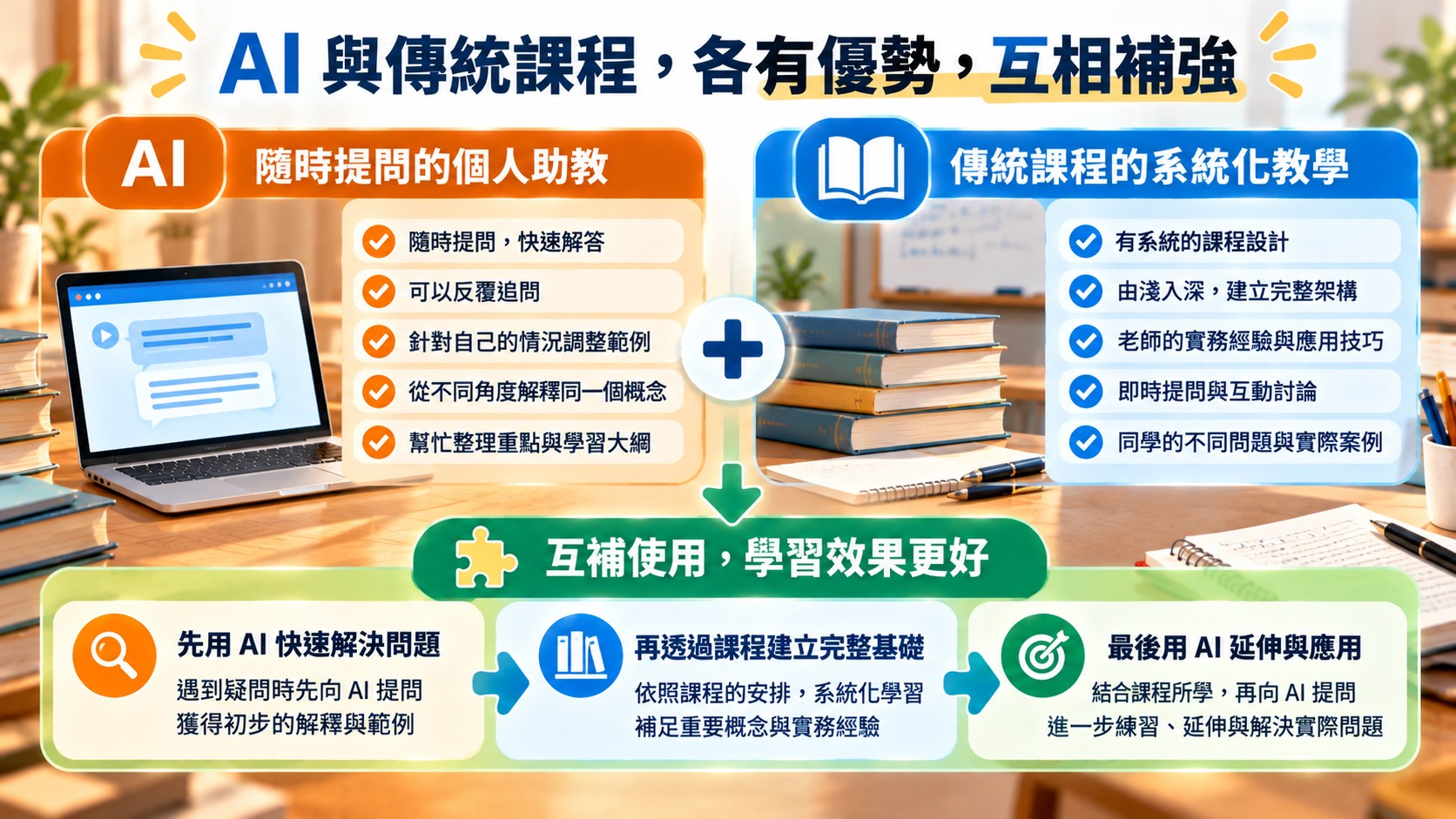 比較卡：AI 的即時提問與個人化解釋，和傳統課程的系統化設計與講師實務經驗，互相補足使用
