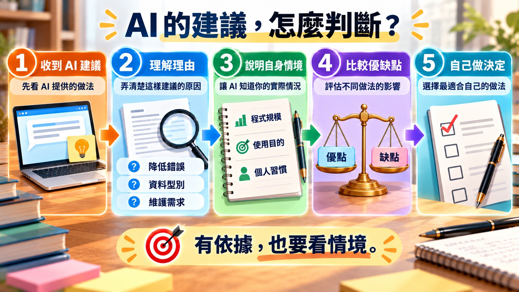 判斷卡：收到AI建議、理解理由、說明自身情境、比較優缺點到自己做決定的五個步驟，結論是有依據也要看情境