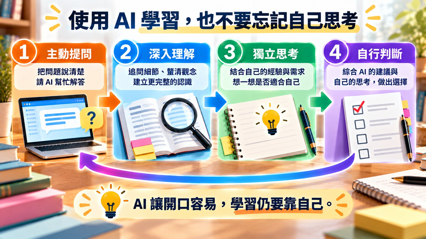 總結卡:主動提問、深入理解、獨立思考、自行判斷的四步循環,AI讓開口容易,學習仍要靠自己