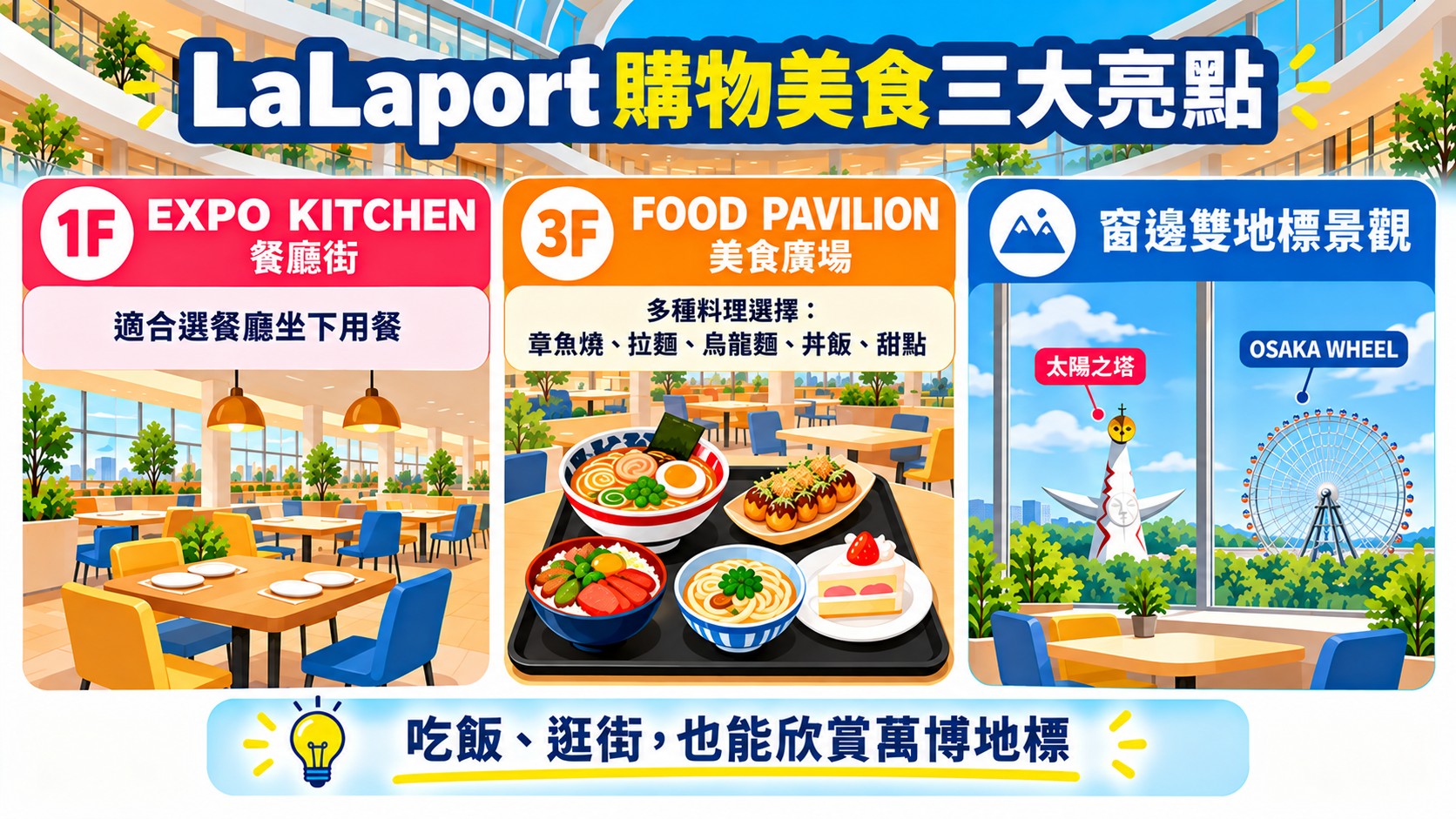 旅遊亮點整理卡：1F EXPO KITCHEN餐廳街、3F FOOD PAVILION美食廣場，以及窗邊同時看到太陽之塔與OSAKA WHEEL的景觀