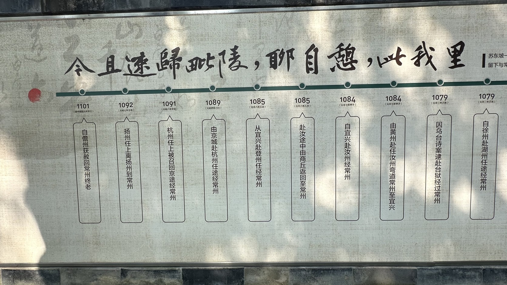 「東坡與常州」年表右段，列出蘇東坡到常州的各個年份