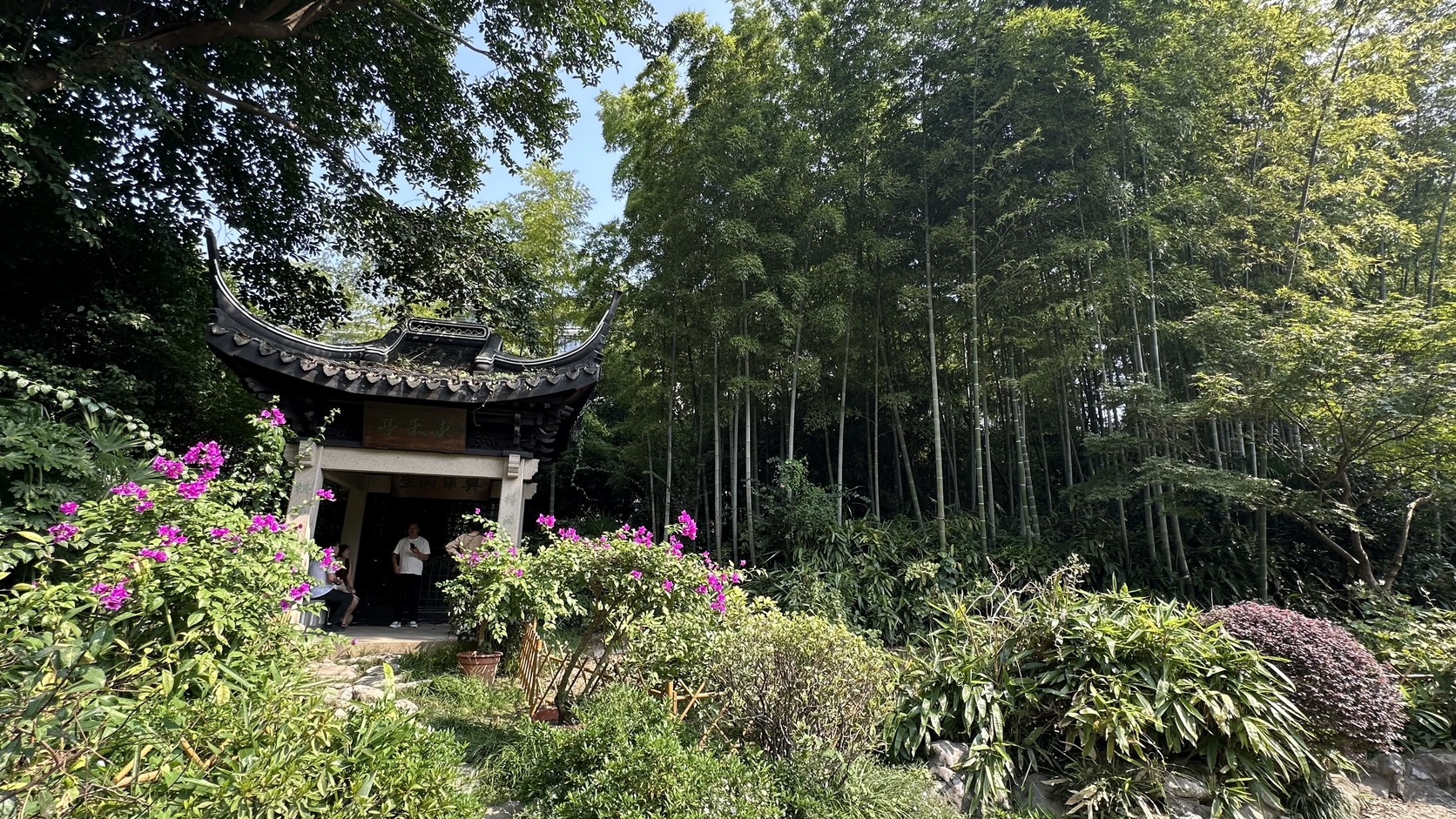 竹林與涼亭，前景有花叢