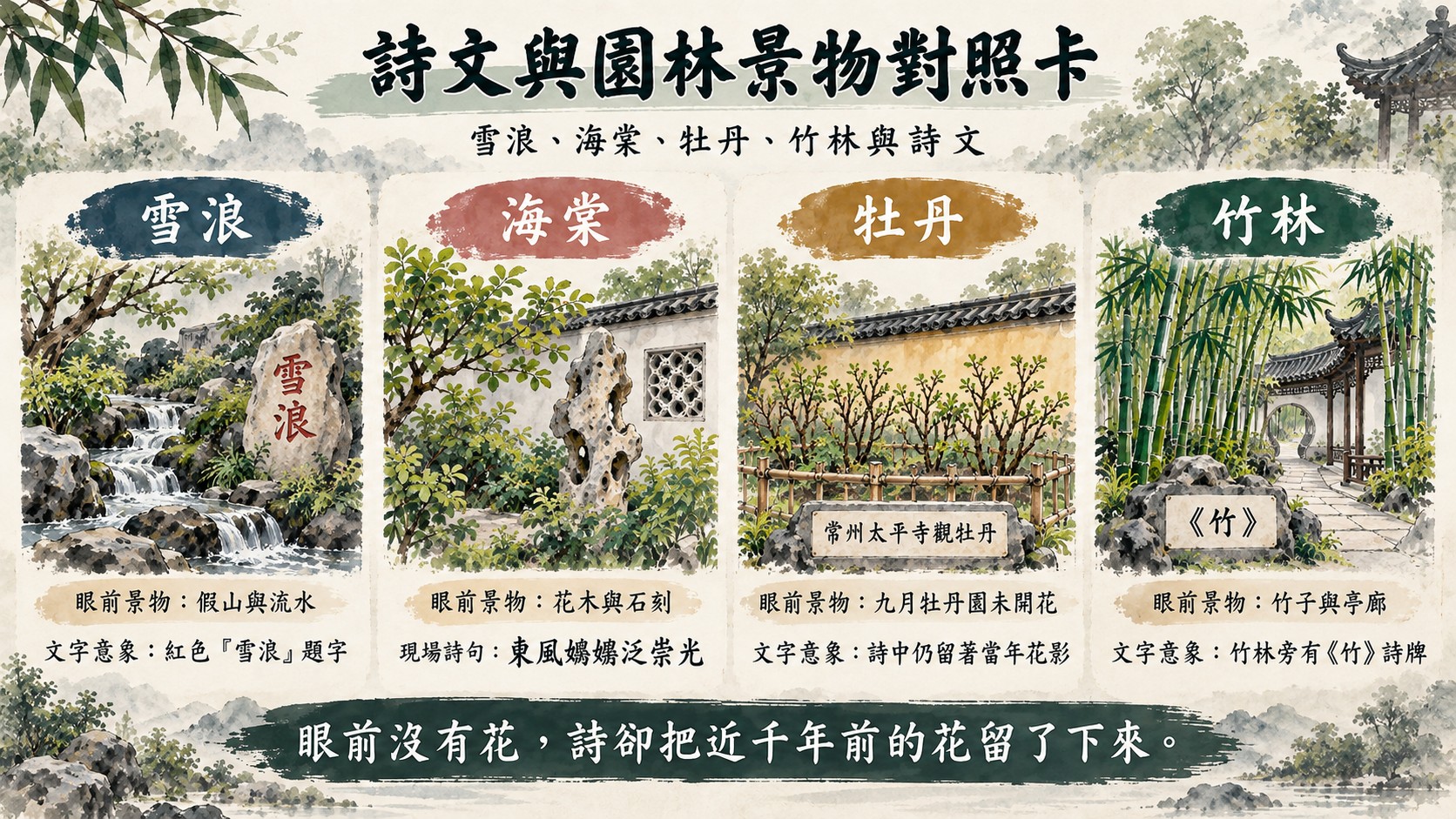 體驗整理卡：雪浪、海棠、牡丹、竹林四組眼前景物與詩文對照，牡丹園走訪時沒有開花