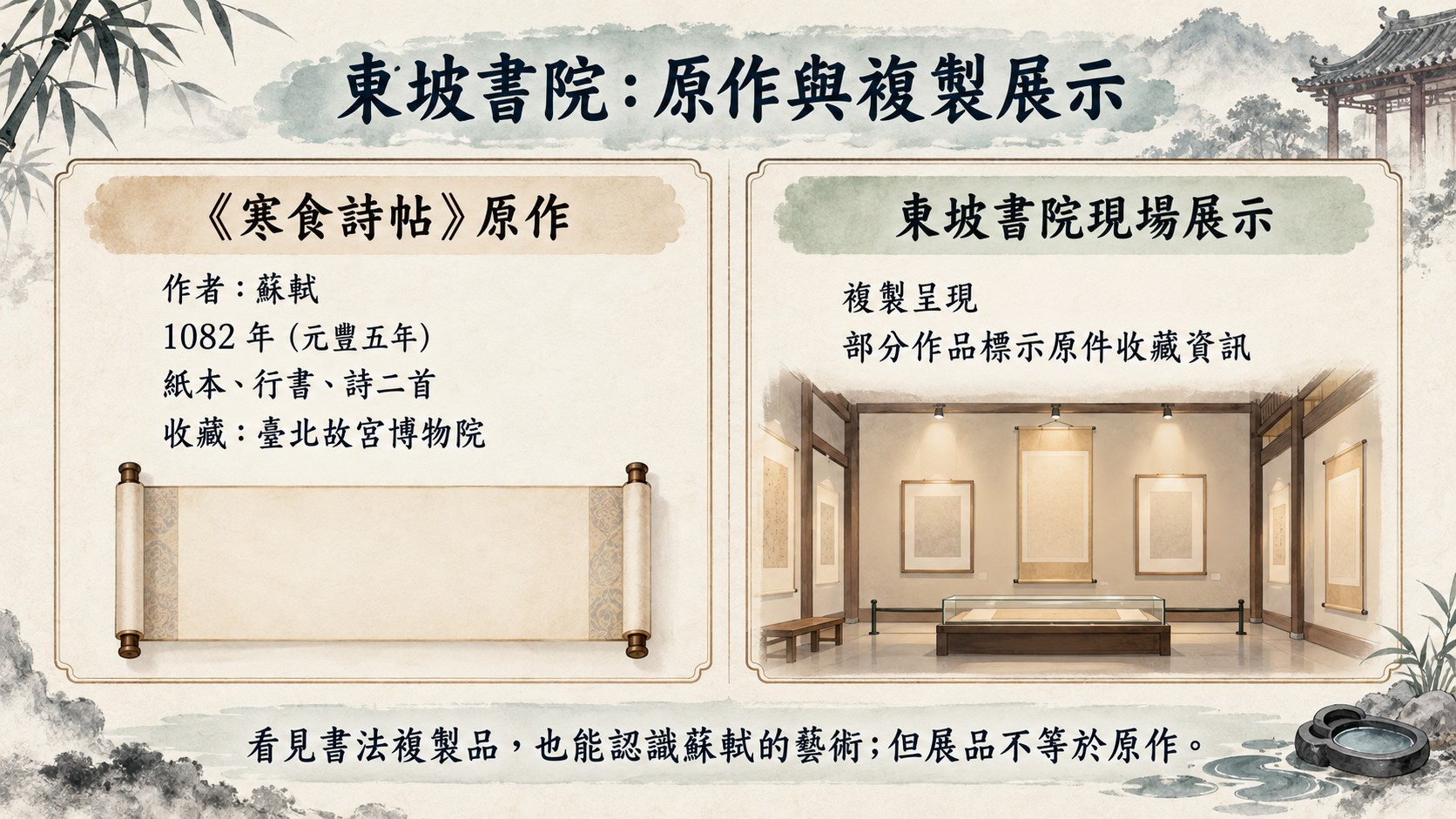 比較知識卡：《黃州寒食詩帖》原作收藏於台北故宮博物院，東坡書院展示複製呈現，並補充洗硯池典故