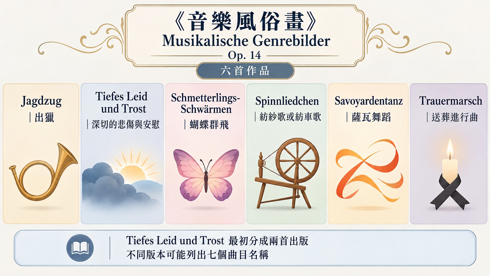 主題整理卡：《音樂風俗畫》六首作品 Jagdzug、Tiefes Leid und Trost、Schmetterlings-Schwärmen、Spinnliedchen、Savoyardentanz、Trauermarsch 的題材，並註記不同版本可能列出七個曲目名稱