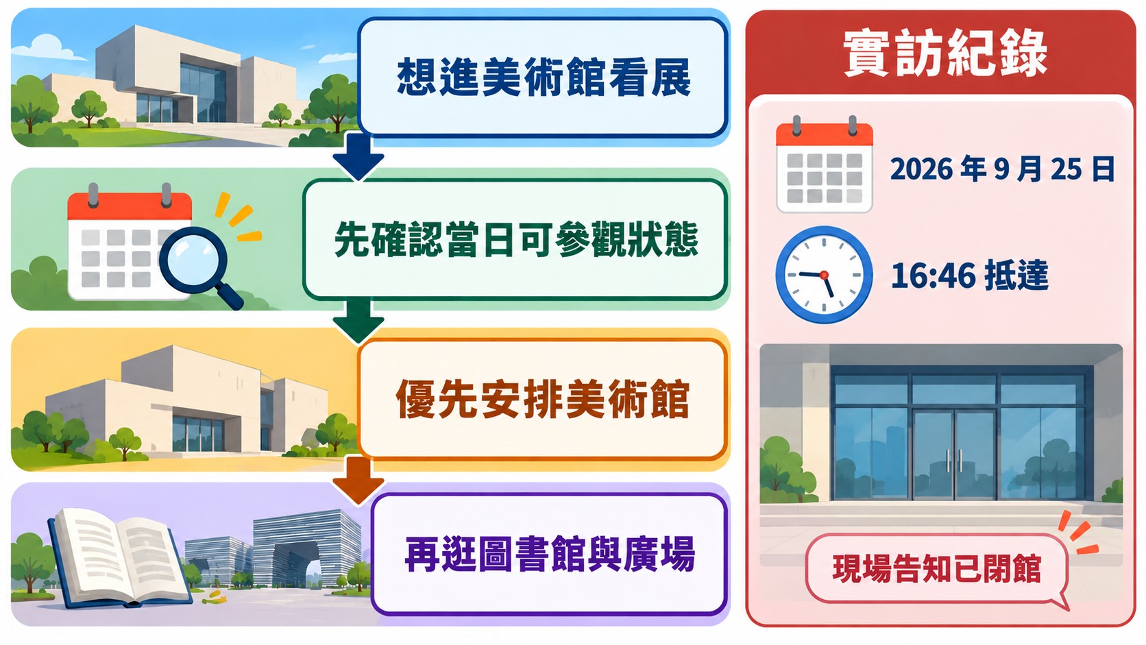 判斷卡：想進美術館看展，先確認當日可參觀狀態並優先安排，另附 2026 年 9 月 25 日 16:46 抵達時現場告知已閉館的實訪紀錄