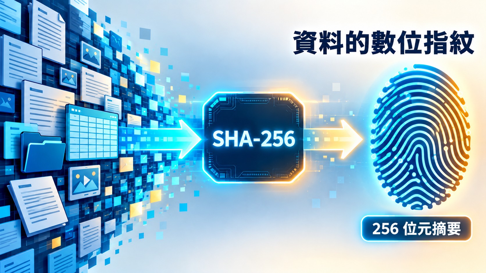 SHA-256 數位指紋特色圖：左側大量檔案經中央 SHA-256 運算模組，輸出右側固定長度的 256 位元數位指紋