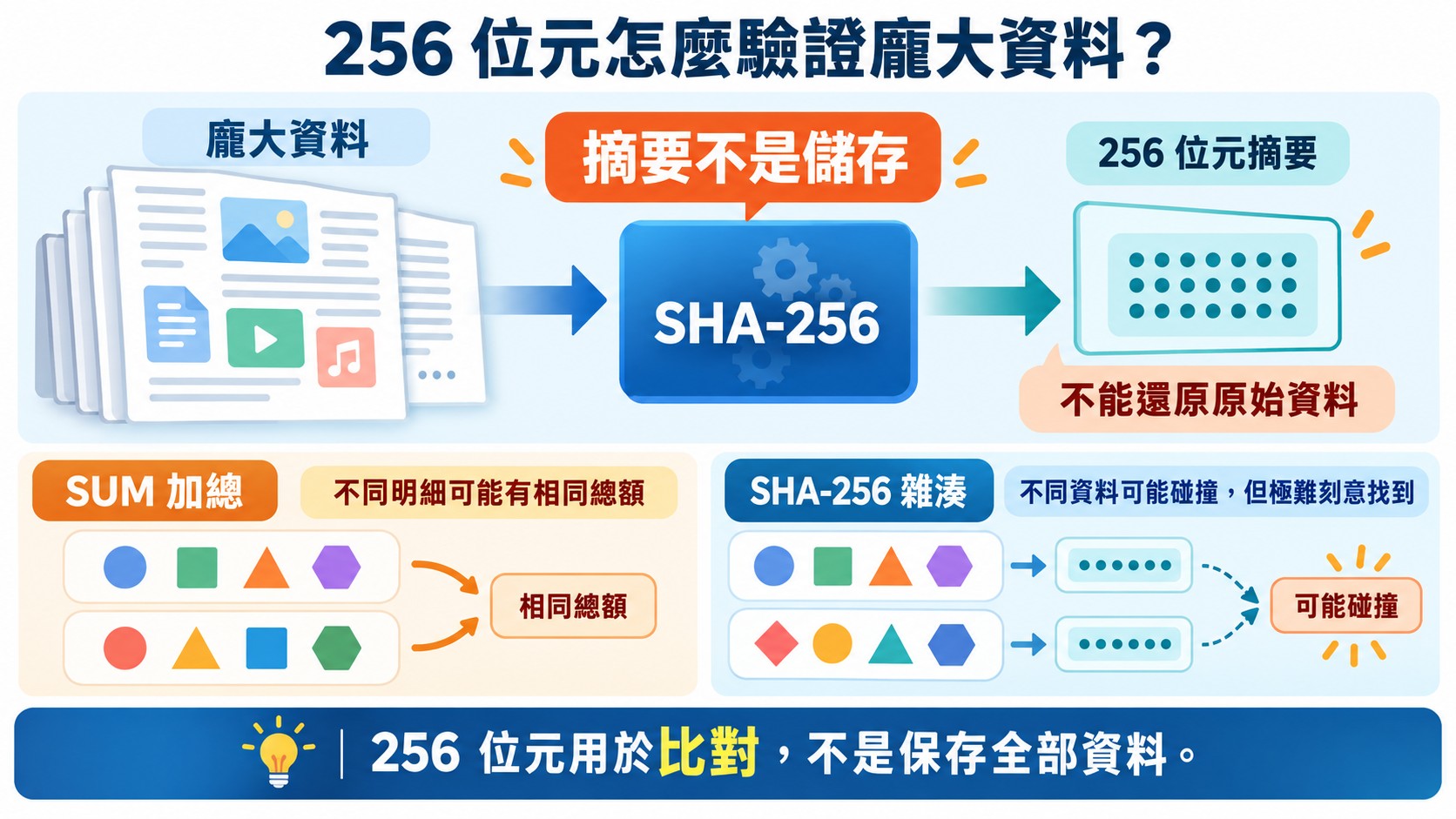 比較卡：256 位元摘要不是儲存也不能還原原始資料，並比較會計加總可能有相同總額與 SHA-256 碰撞極難刻意找到
