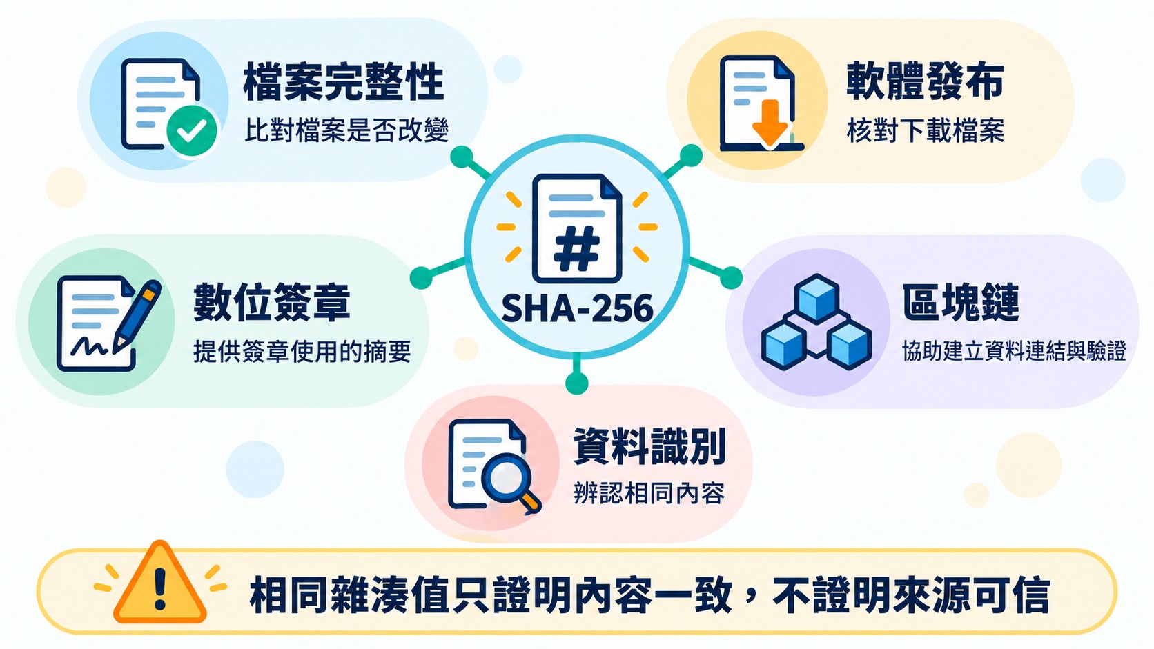 知識卡：SHA-256 的檔案完整性、軟體發布、數位簽章、區塊鏈與資料識別五種用途，並提醒相同雜湊值只證明內容一致、不證明來源可信