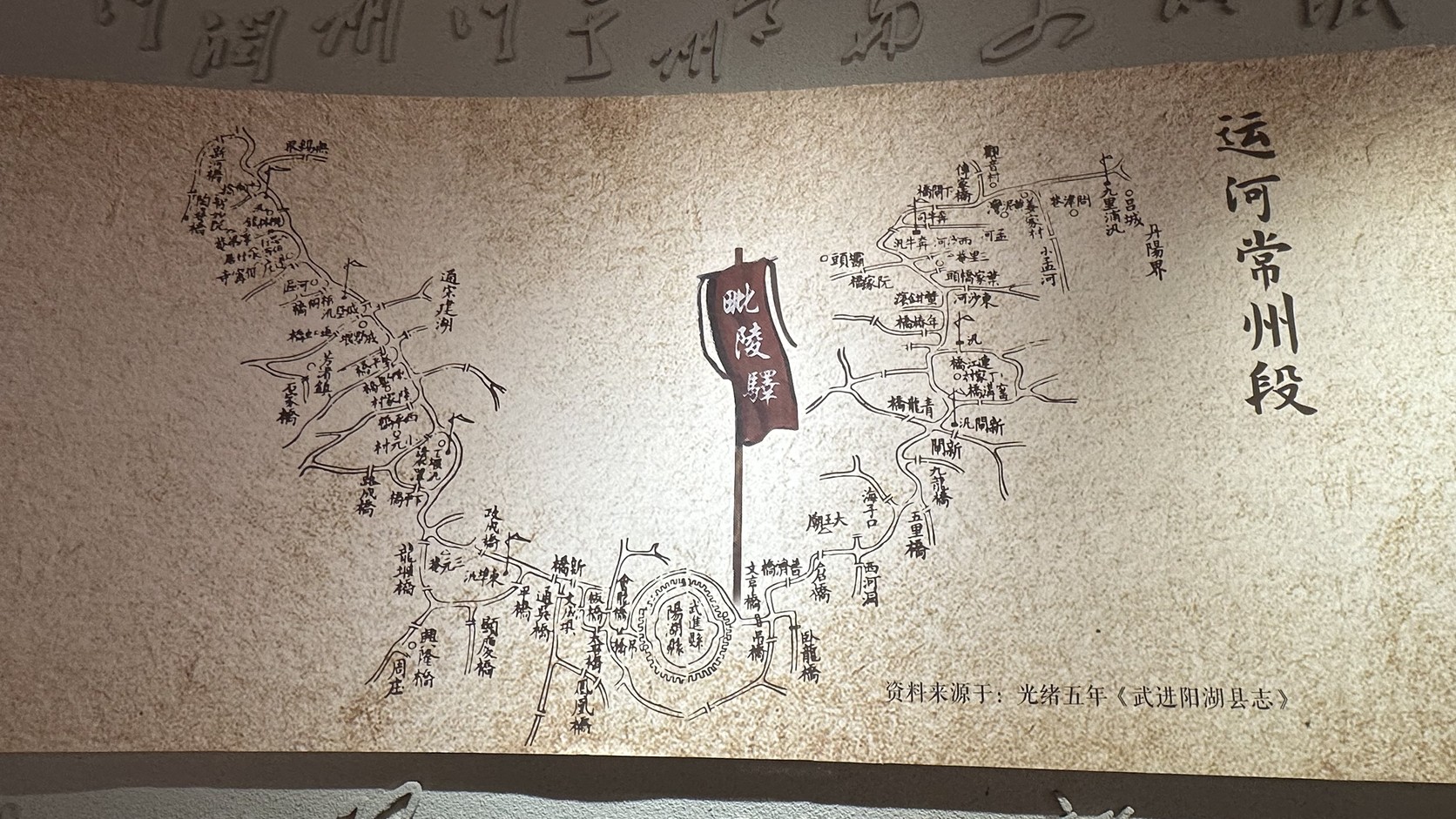 展館內「運河常州段」古地圖與毗陵驛旗標
