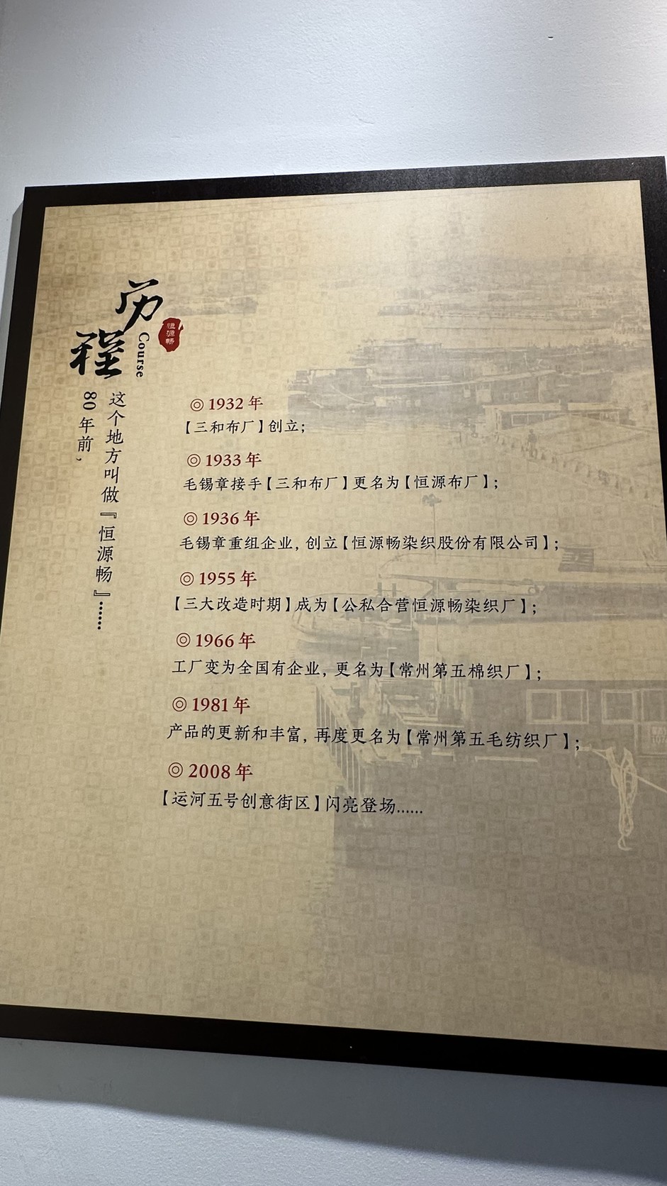恒源暢沿革展板，列出 1932 年至 2008 年的歷程