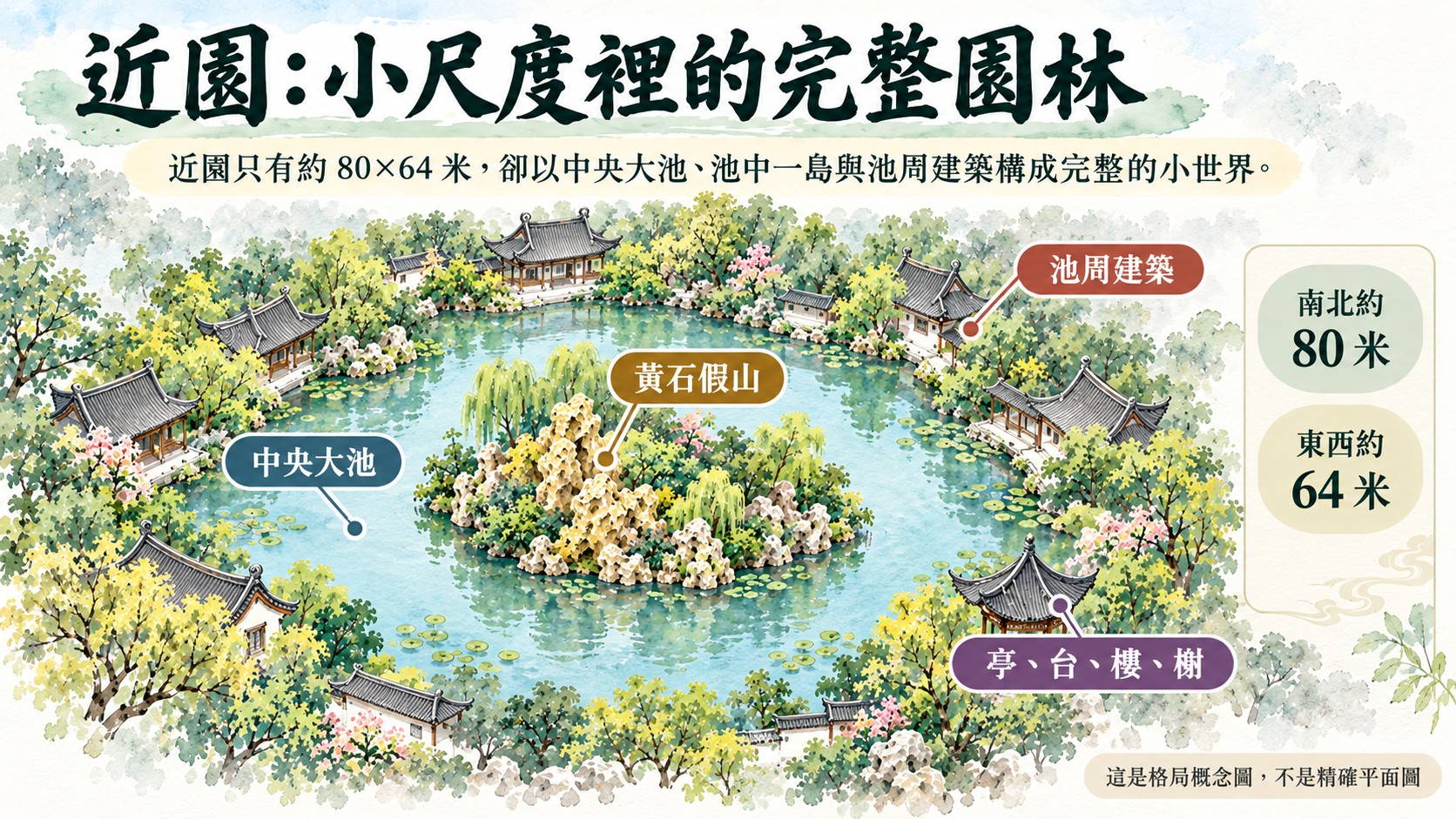 格局知識卡：近園南北約 80 米、東西約 64 米，中有大池、池中一島與池周建築，池中有黃石假山