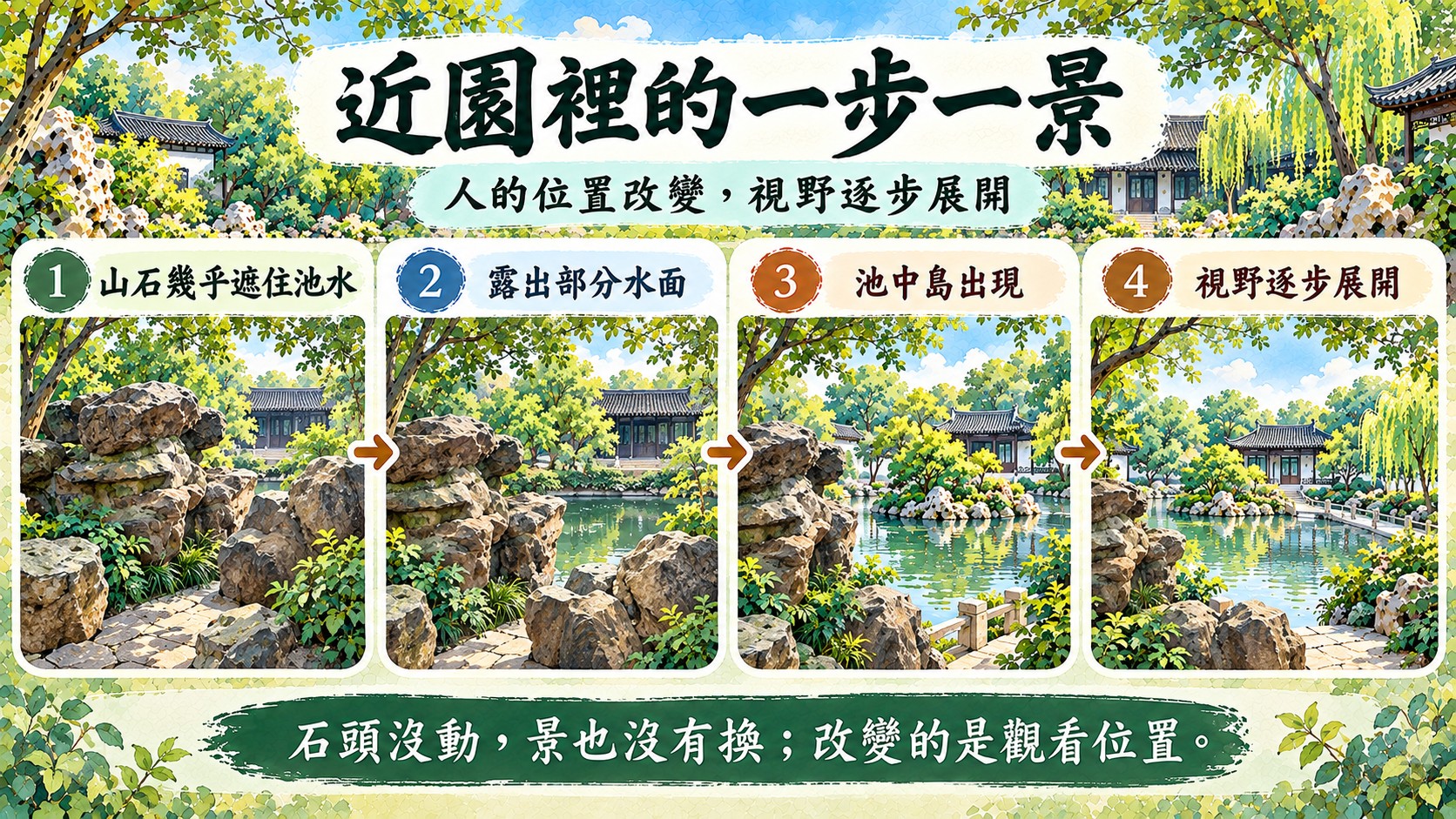 體驗流程卡：山石幾乎遮住池水、露出部分水面、池中島出現、視野逐步展開，石頭沒動，改變的是觀看位置